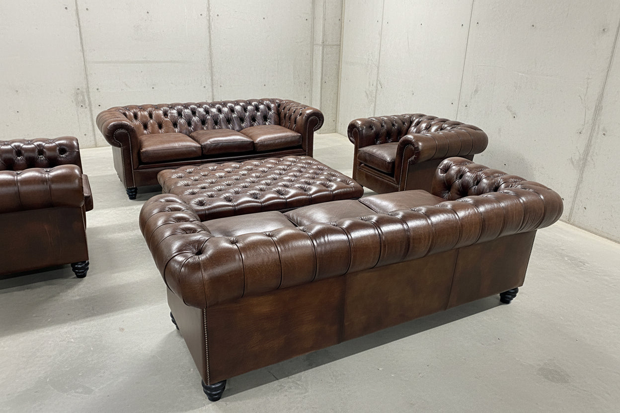 The Gentleman’s Dark Walnut Brown Hand Dyed Leather Chesterfield Sofas and Chairs