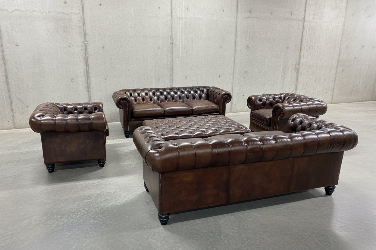 The Gentleman’s Dark Walnut Brown Hand Dyed Leather Chesterfield Sofas and Chairs