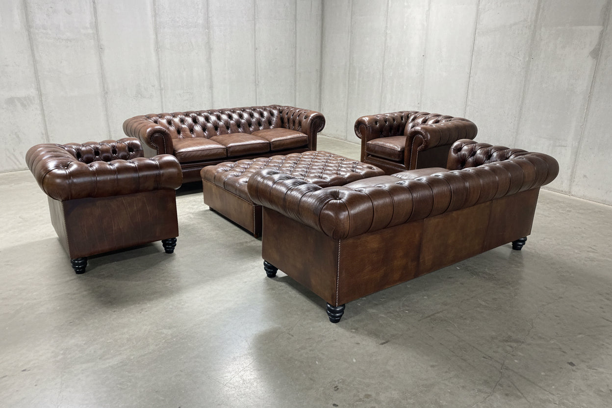 The Gentleman’s Dark Walnut Brown Hand Dyed Leather Chesterfield Sofas and Chairs