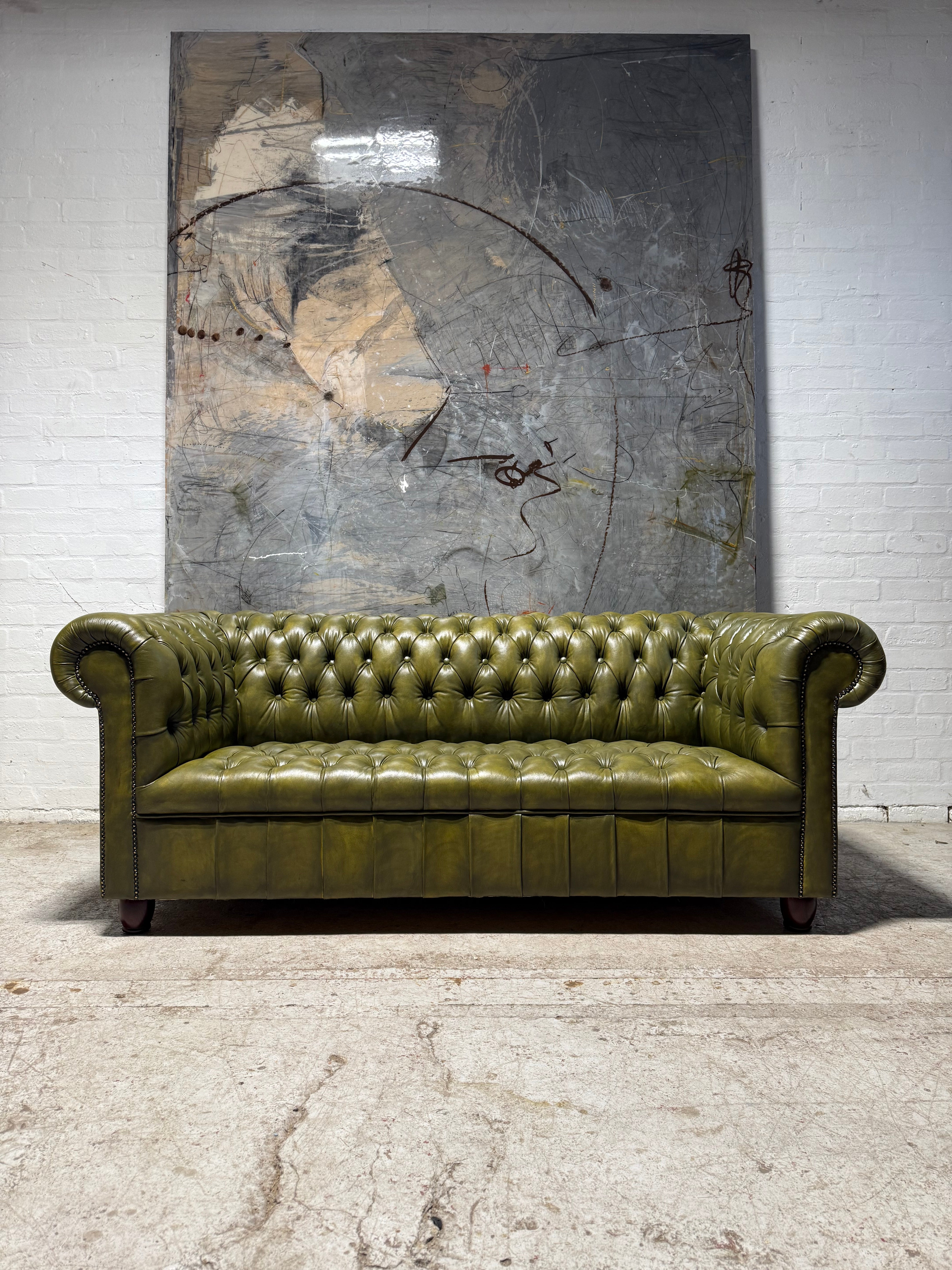 Fully Restored Late 20thc Leather Chesterfield 3 Piece Suite In Hand Dyed Olive Green