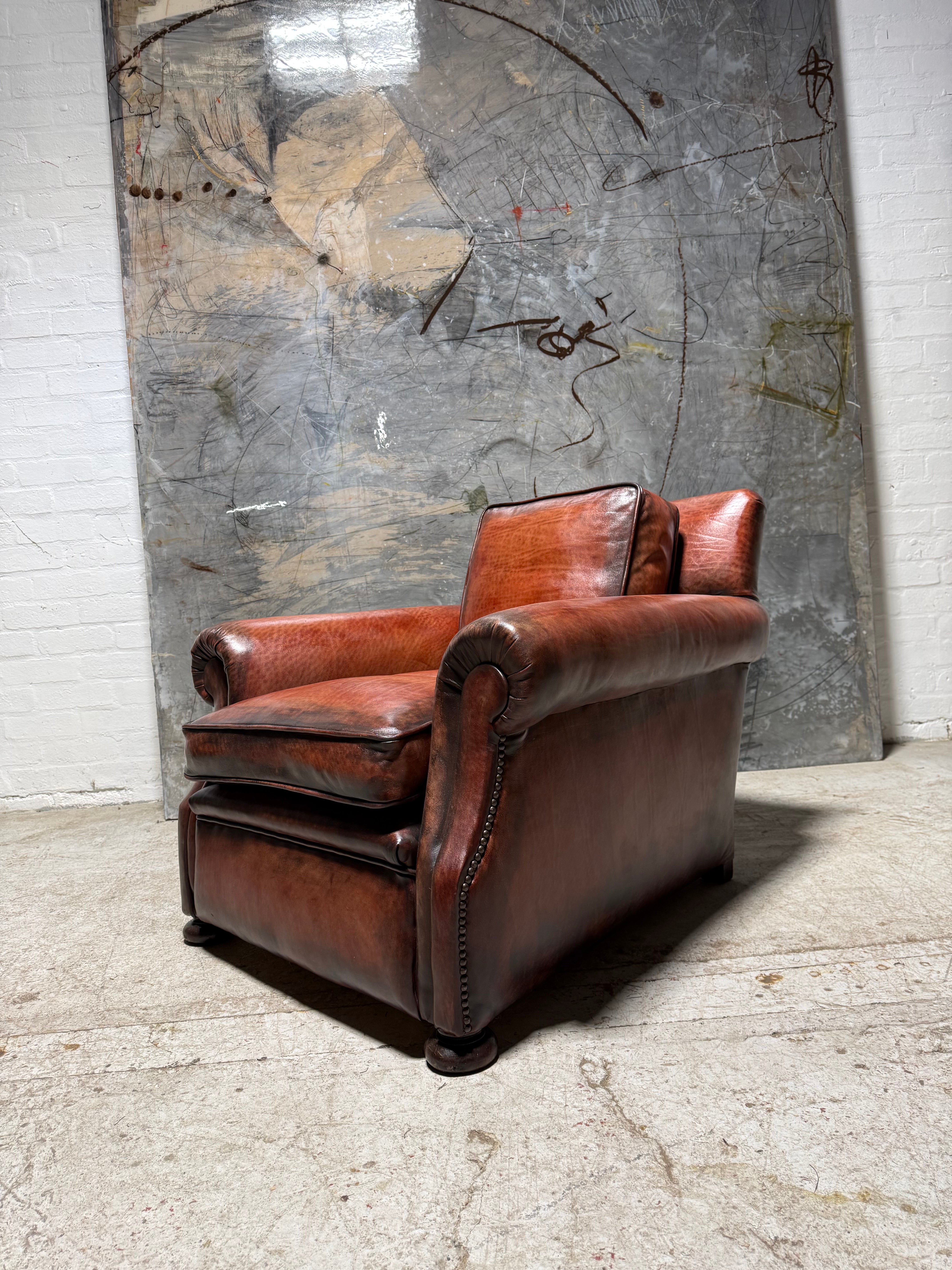 Matching Pair of Antique Leather Armchairs in Hand Dyed Leather circa 1910