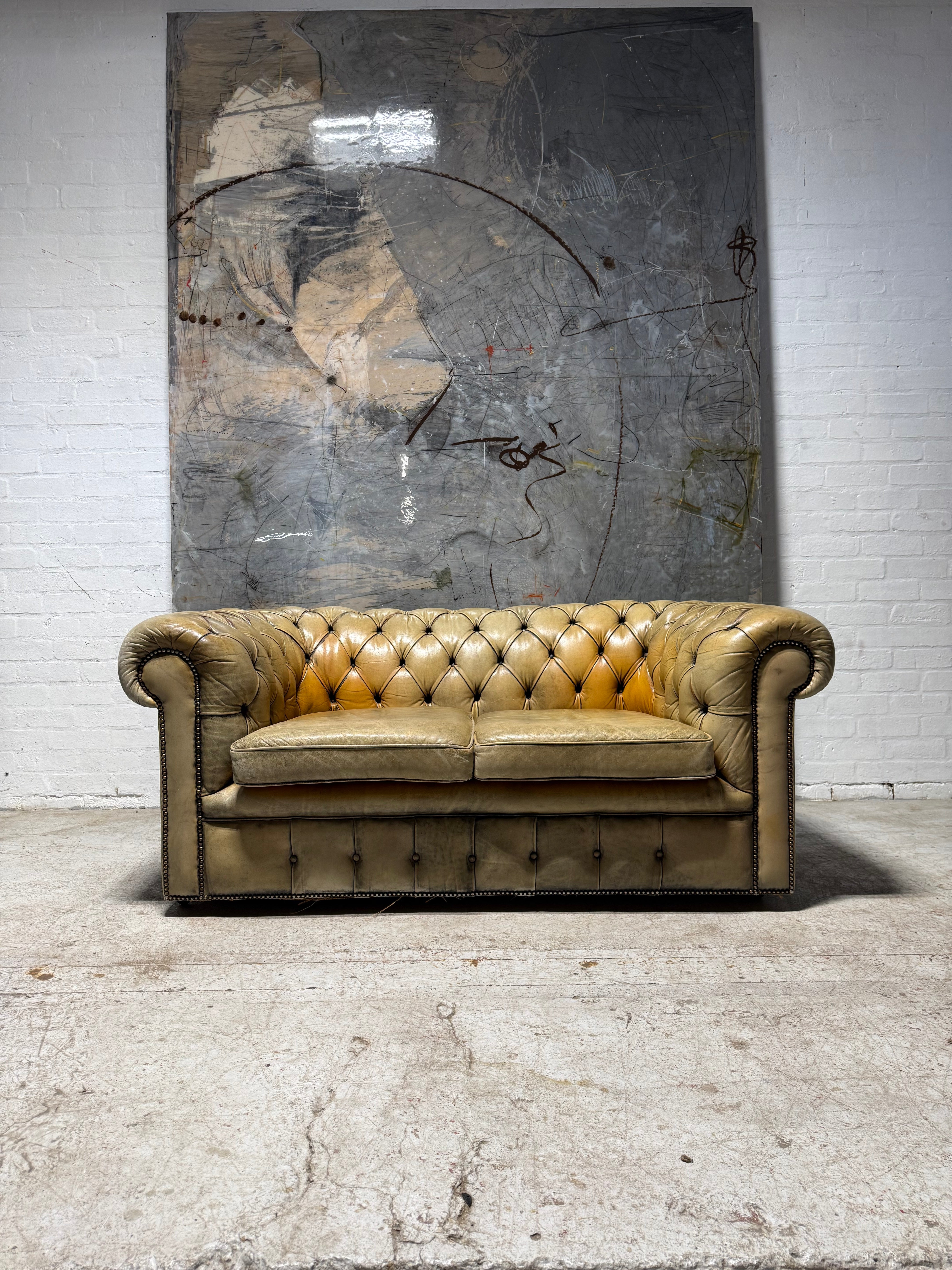 Excellent MidC Leather 2 Seater Chesterfield Sofa in Faded Hand Dyed Tans