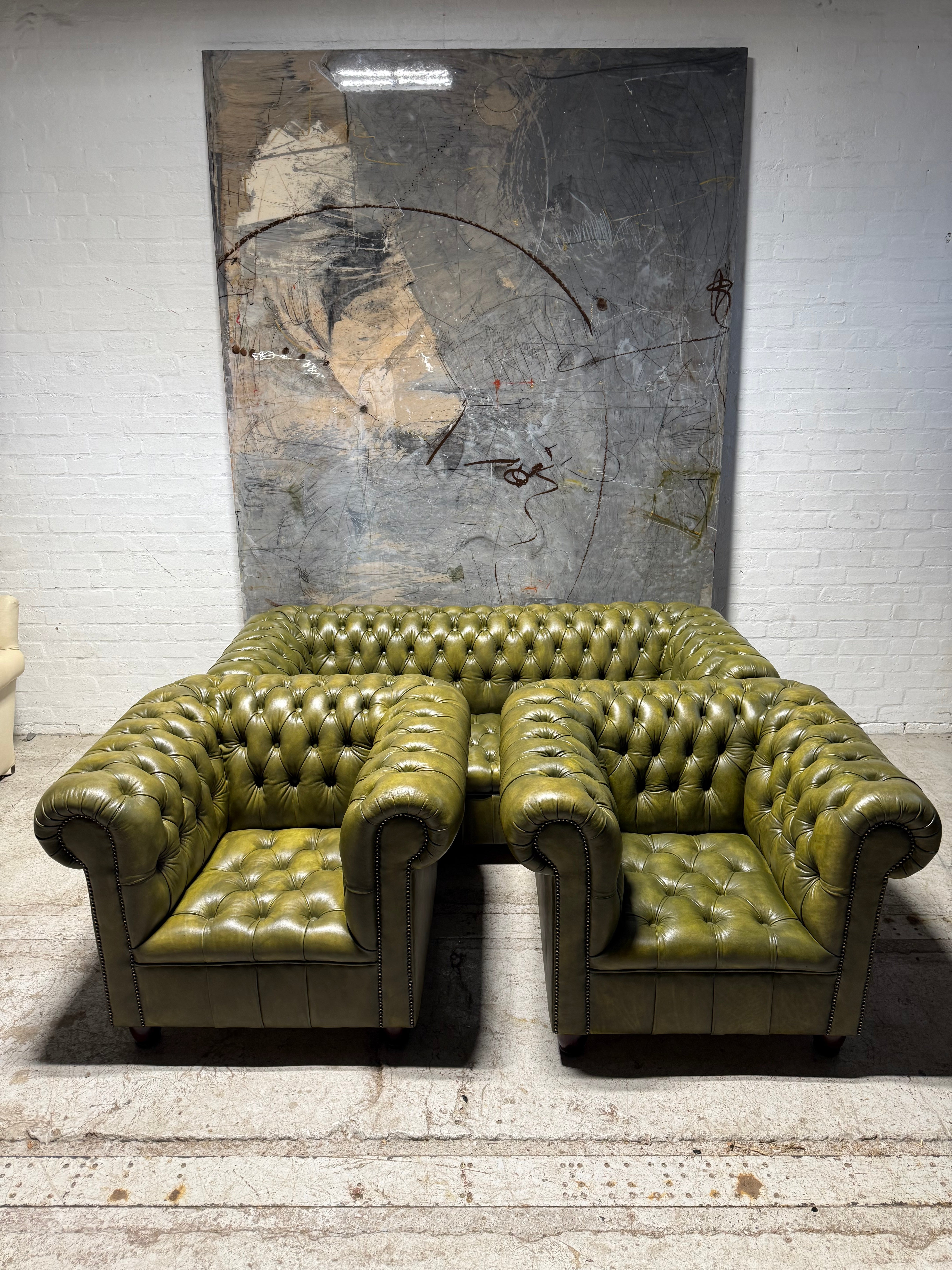 Fully Restored Late 20thc Leather Chesterfield 3 Piece Suite In Hand Dyed Olive Green