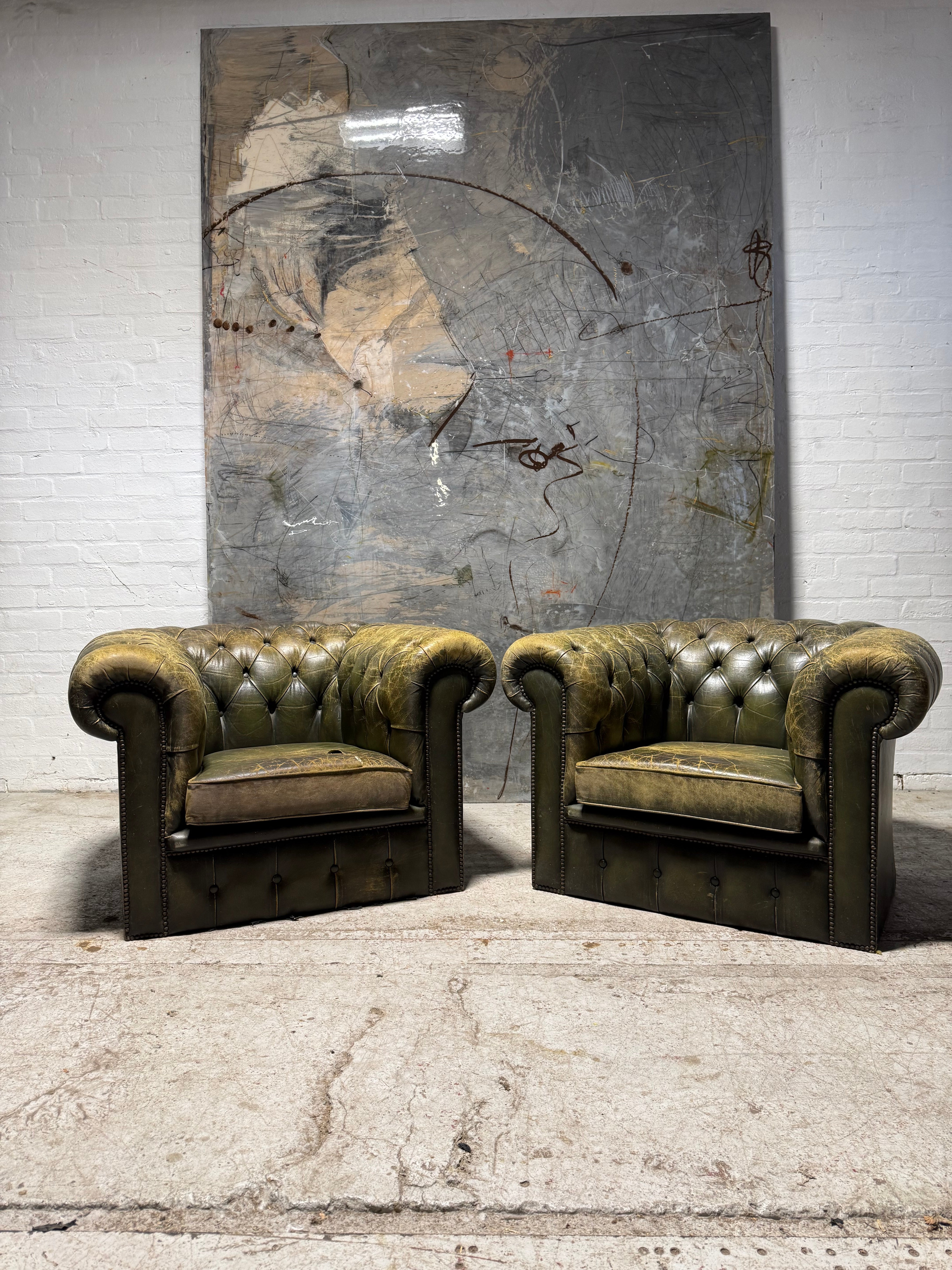 Beautiful Olive Green Vintage Leather Chesterfield Club Chairs