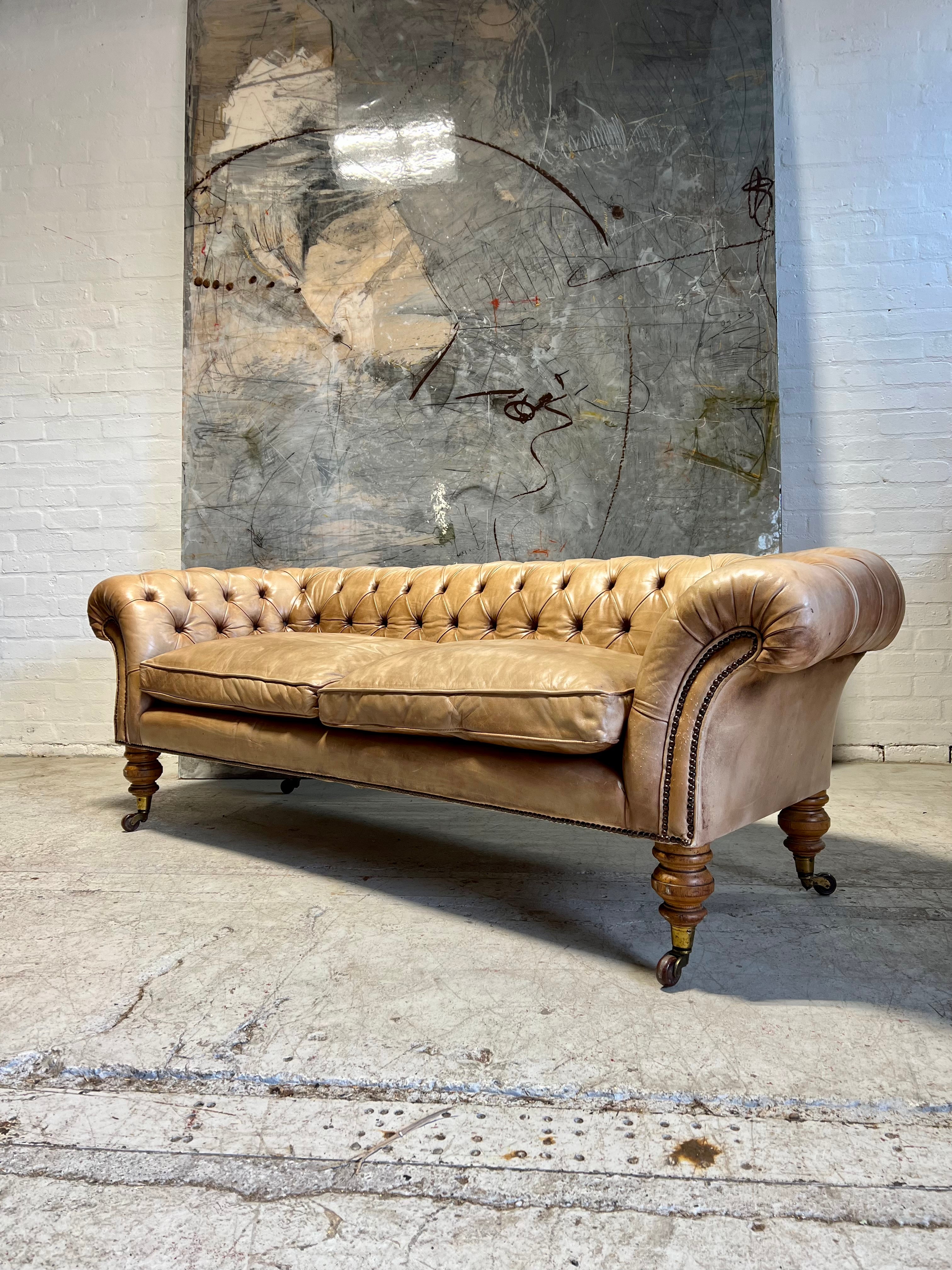 Very Beautiful 19thC Leather Chesterfield Sofa in Hand Dyed Parchment