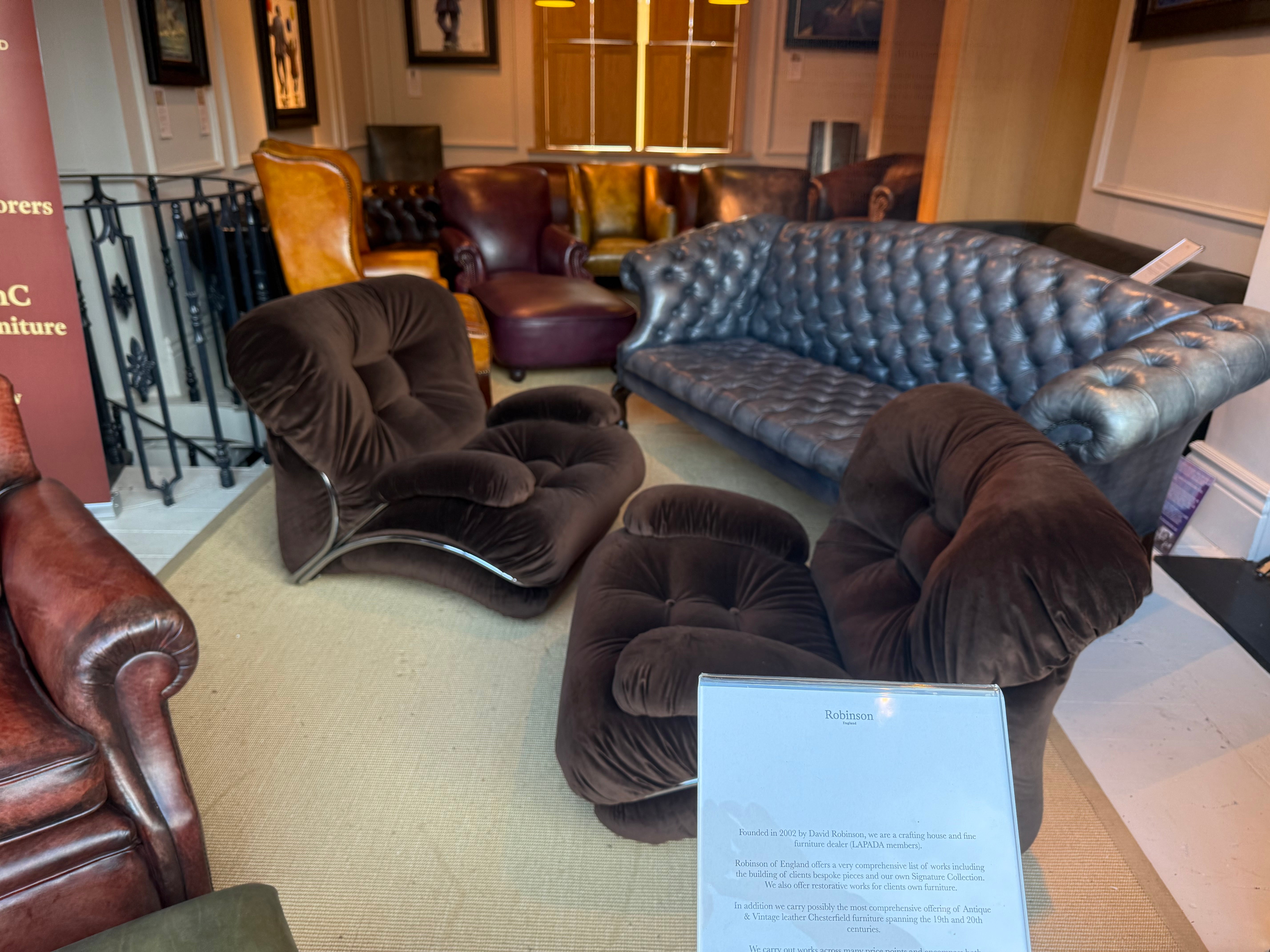 Pair of I.P.E Corolla calling Chairs in Rose Uniacke Chocolate Brown Velvet