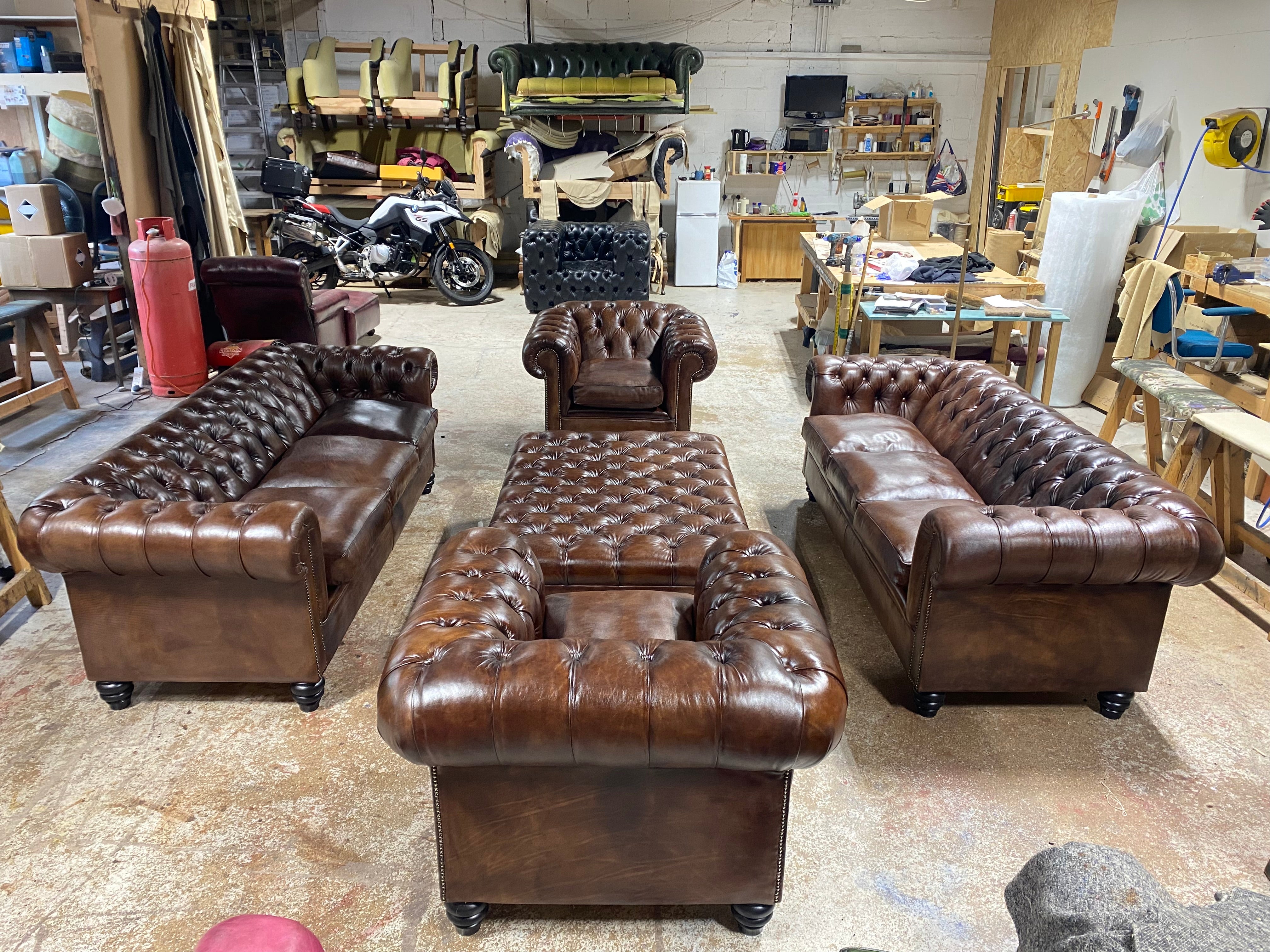The Gentleman’s Dark Walnut Brown Hand Dyed Leather Chesterfield Sofas and Chairs