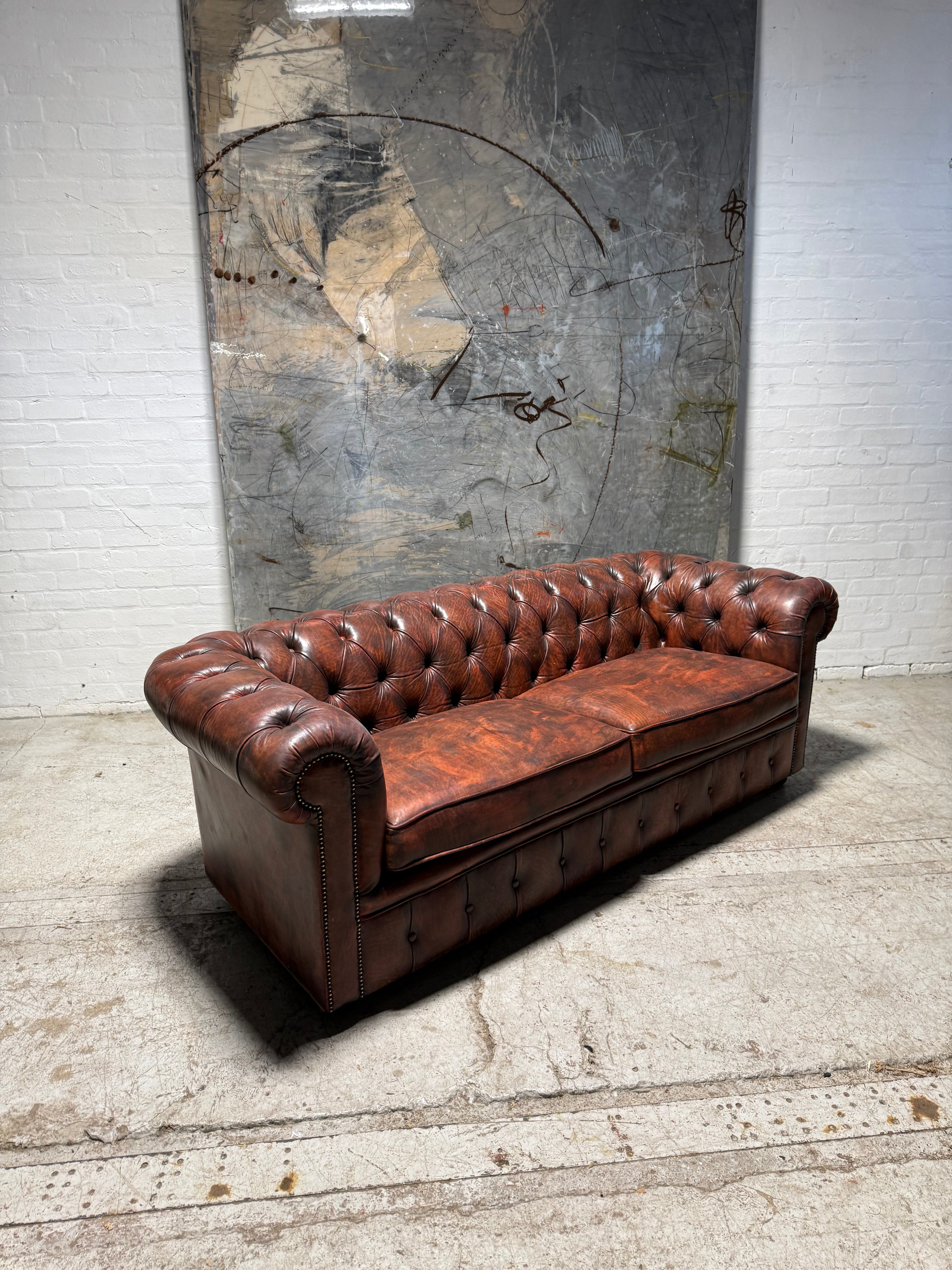Restored Twice Loved Hand Dyed Leather Chesterfield Large 3 Seater Sofa