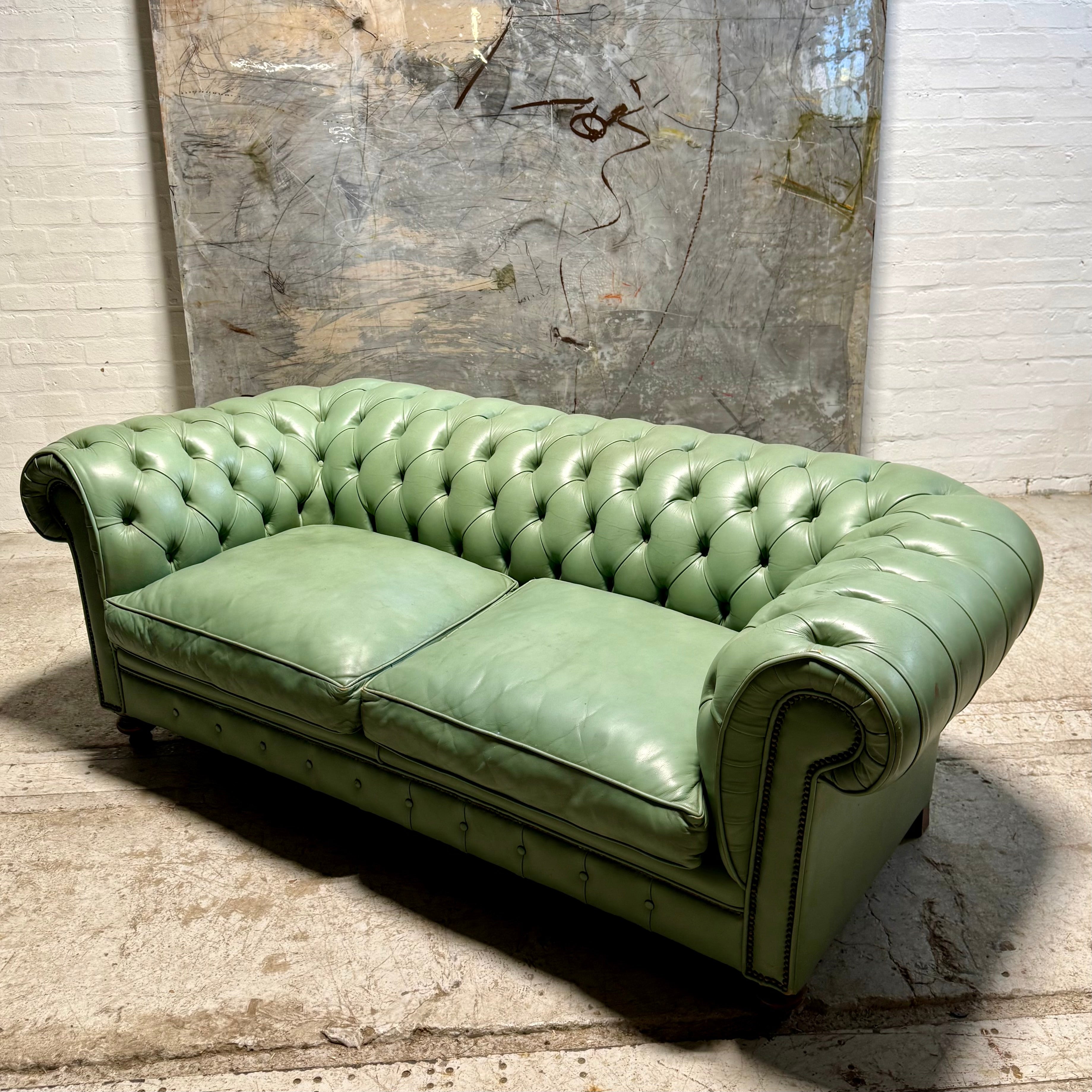 Restored 19thC Antique Leather Chesterfield Sofa in Pistachio Green
