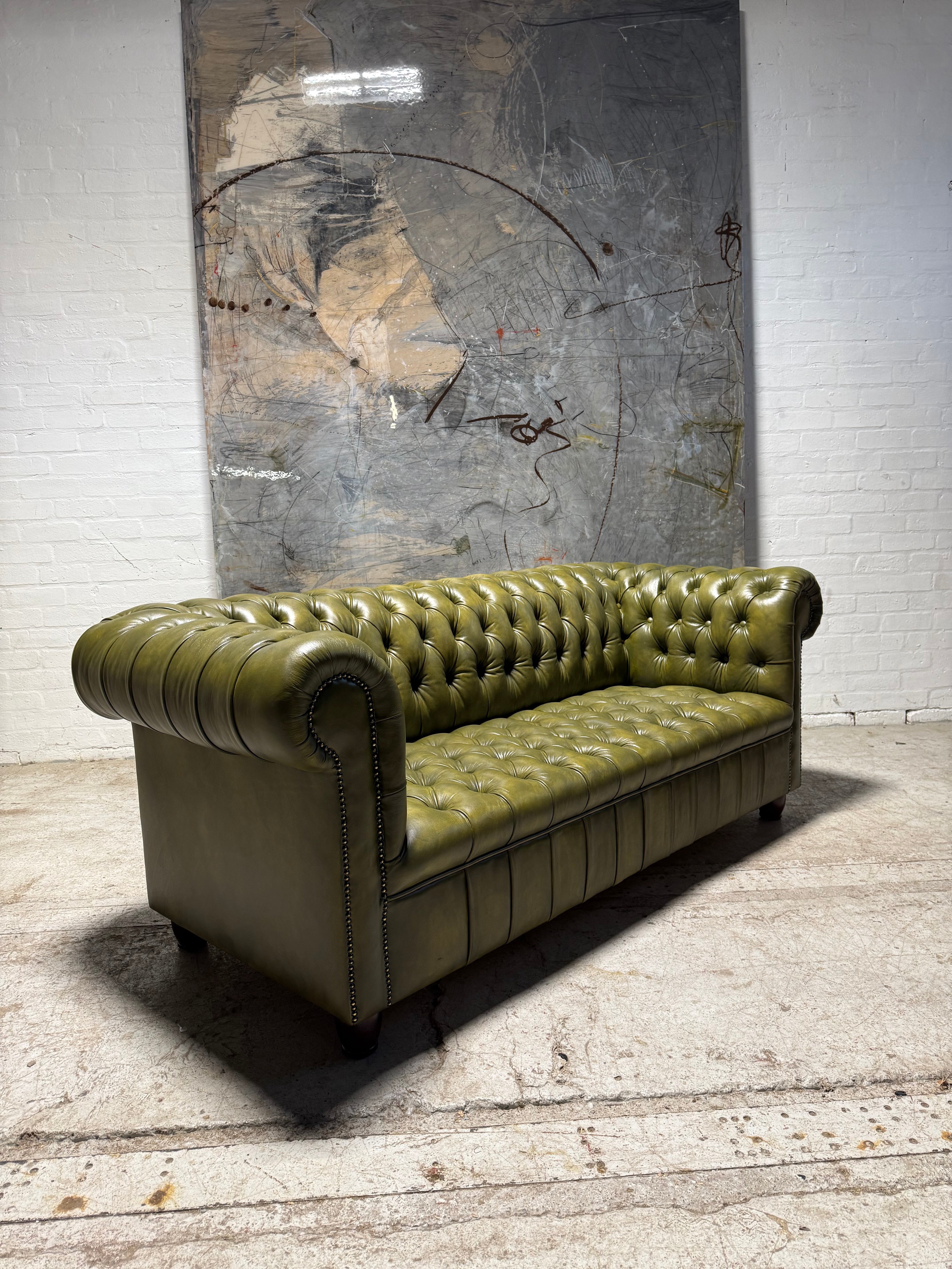 Fully Restored Late 20thc Leather Chesterfield 3 Piece Suite In Hand Dyed Olive Green