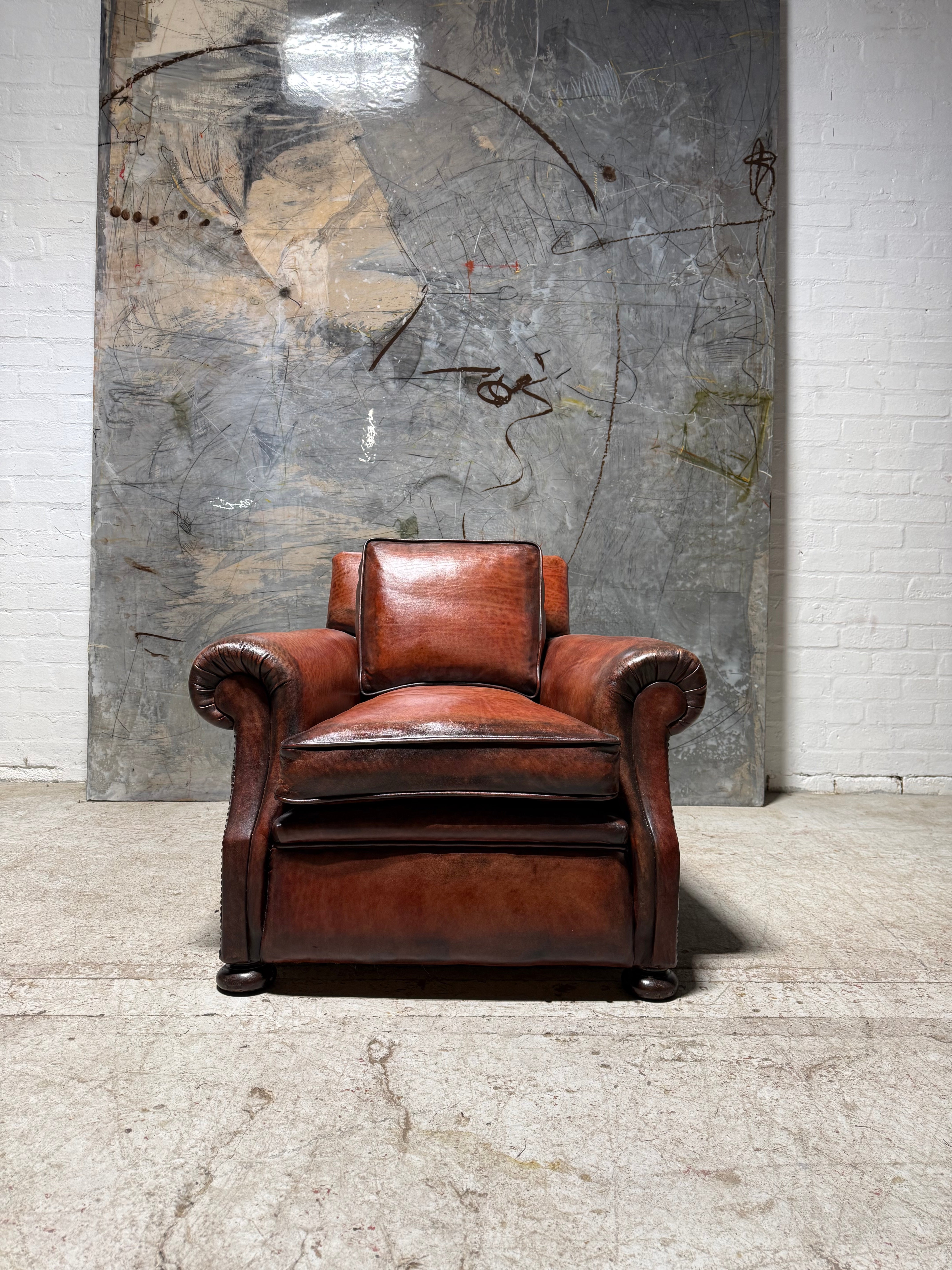 Matching Pair of Antique Leather Armchairs in Hand Dyed Leather circa 1910