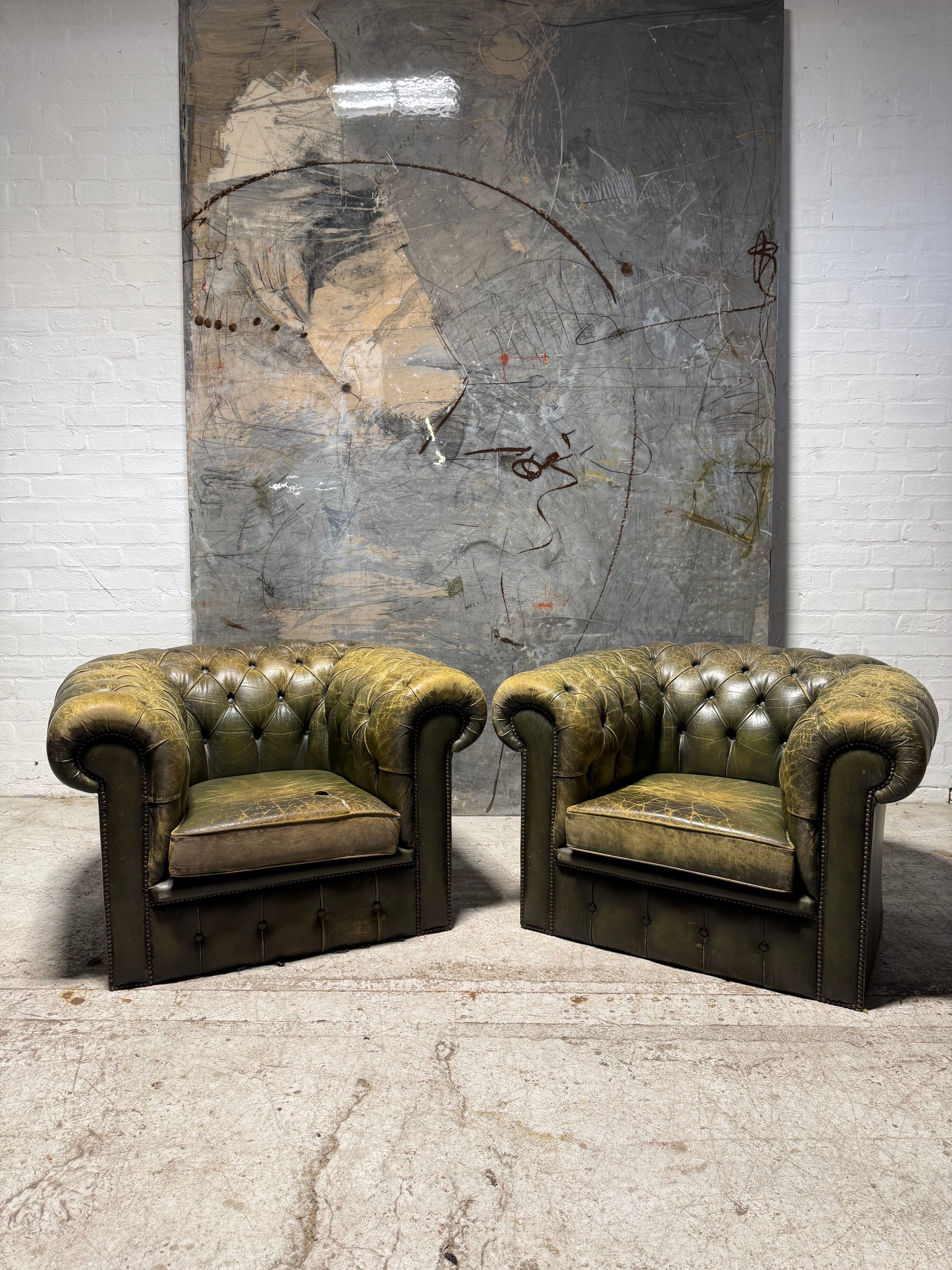 Beautiful Olive Green Vintage Leather Chesterfield Club Chairs