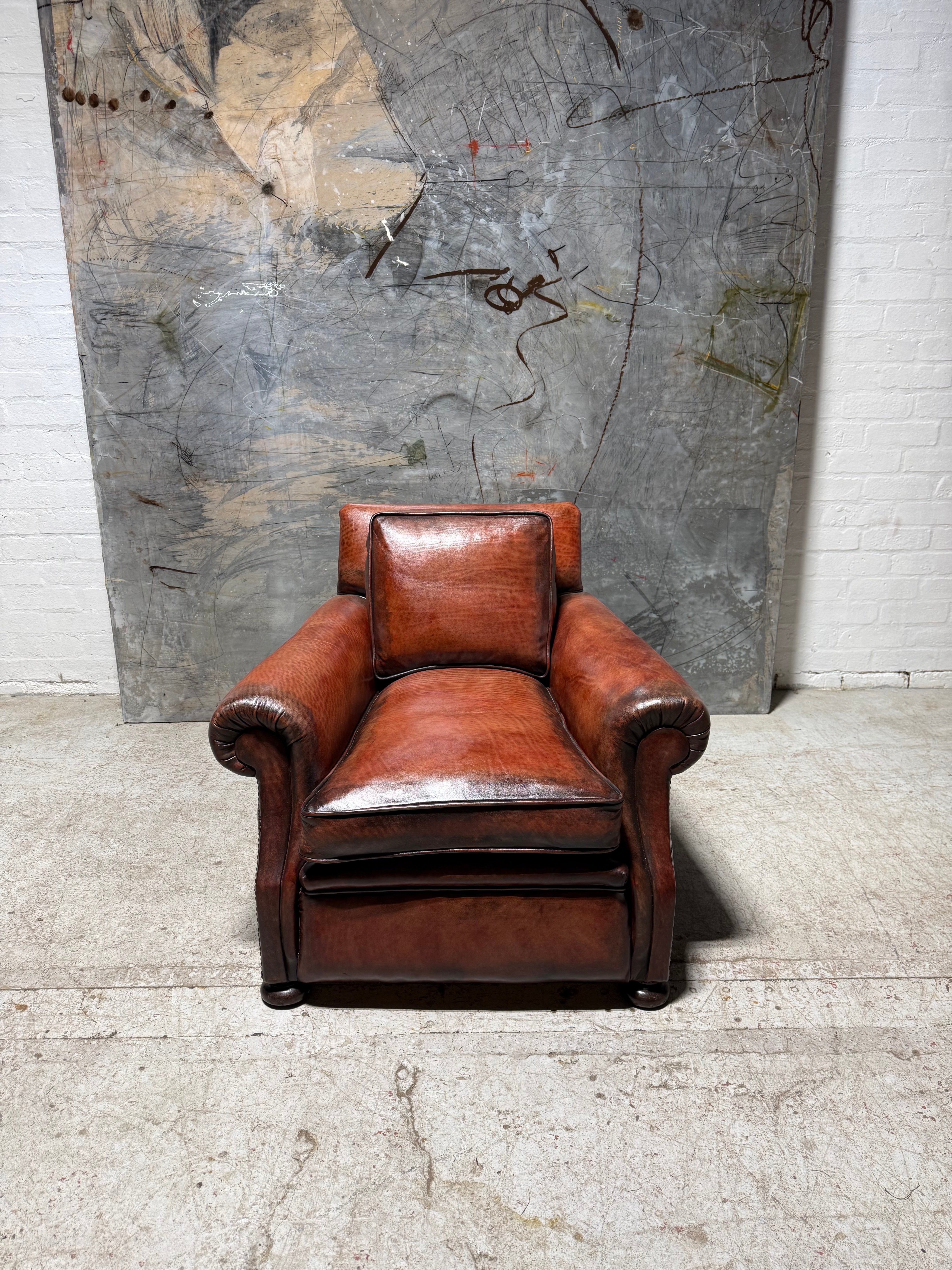 Matching Pair of Antique Leather Armchairs in Hand Dyed Leather circa 1910