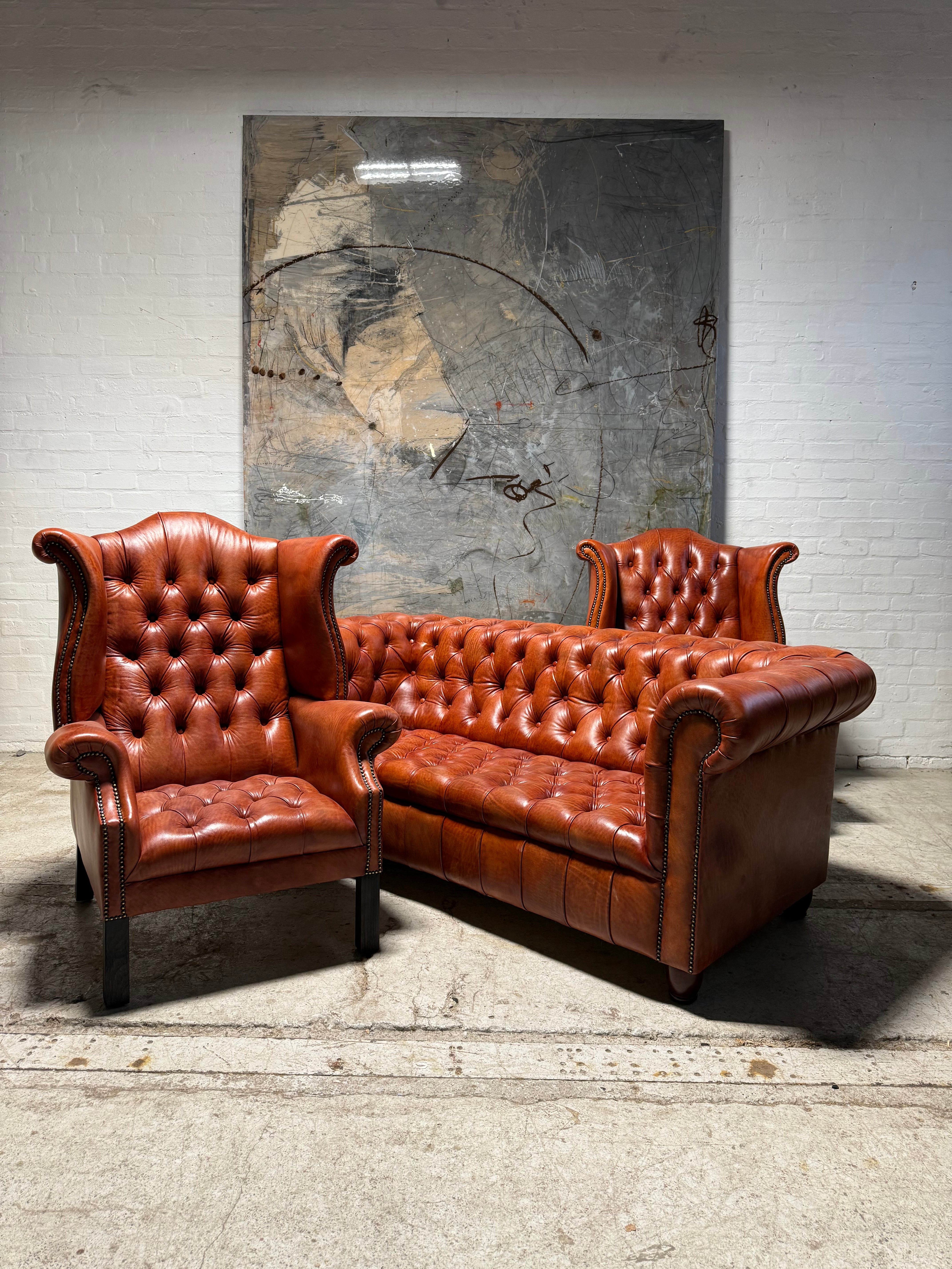 Fully Restored Late 20thC Chesterfield 3 Piece Suite in Hand Dyed Cognac