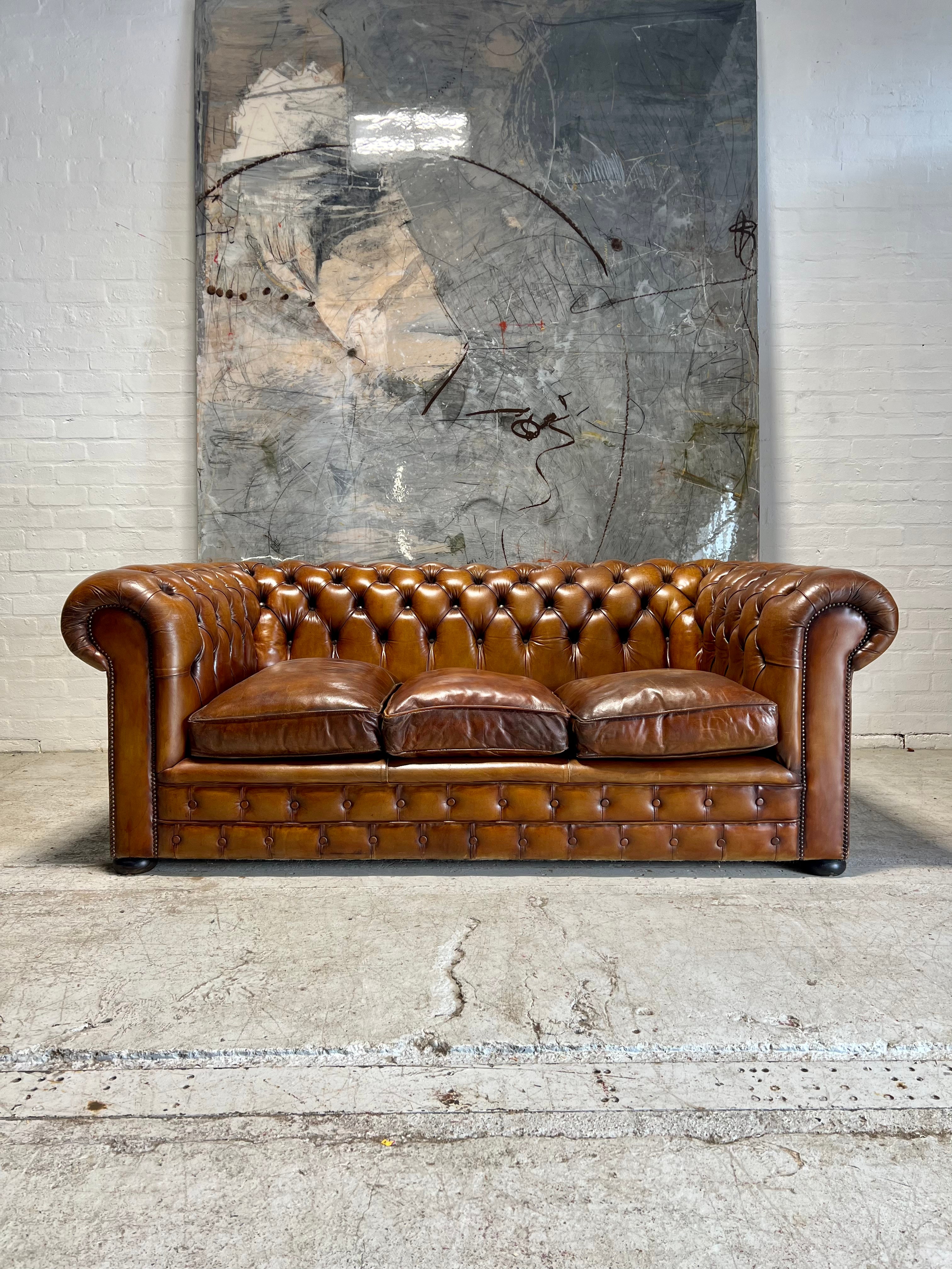 Exceptional MidC Caramel Hand Dyed Leather Chesterfield Sofa