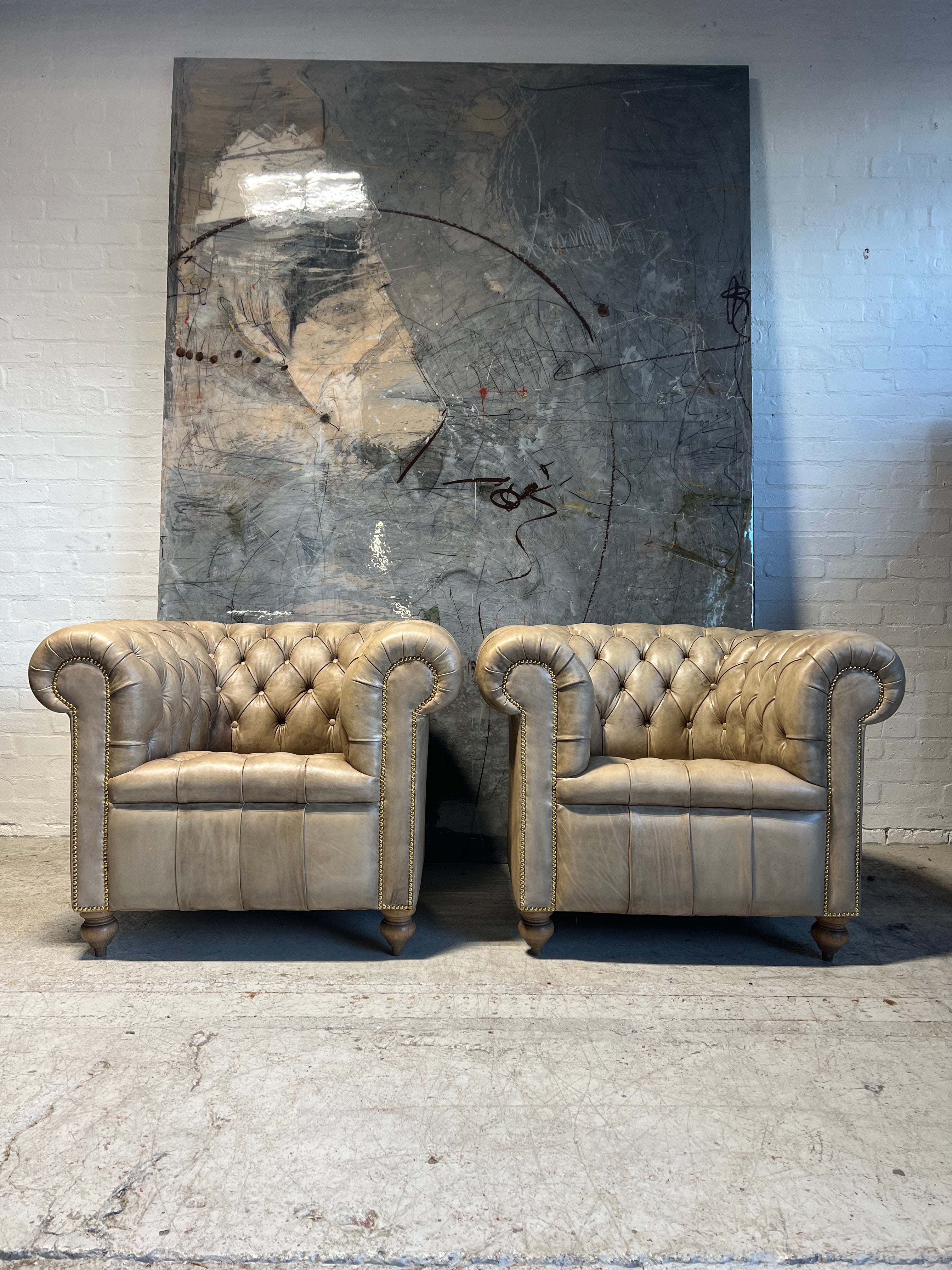 Fully Restored Matching Pair of Chesterfield Club Chairs Finished in our Hand Dyed Leathers