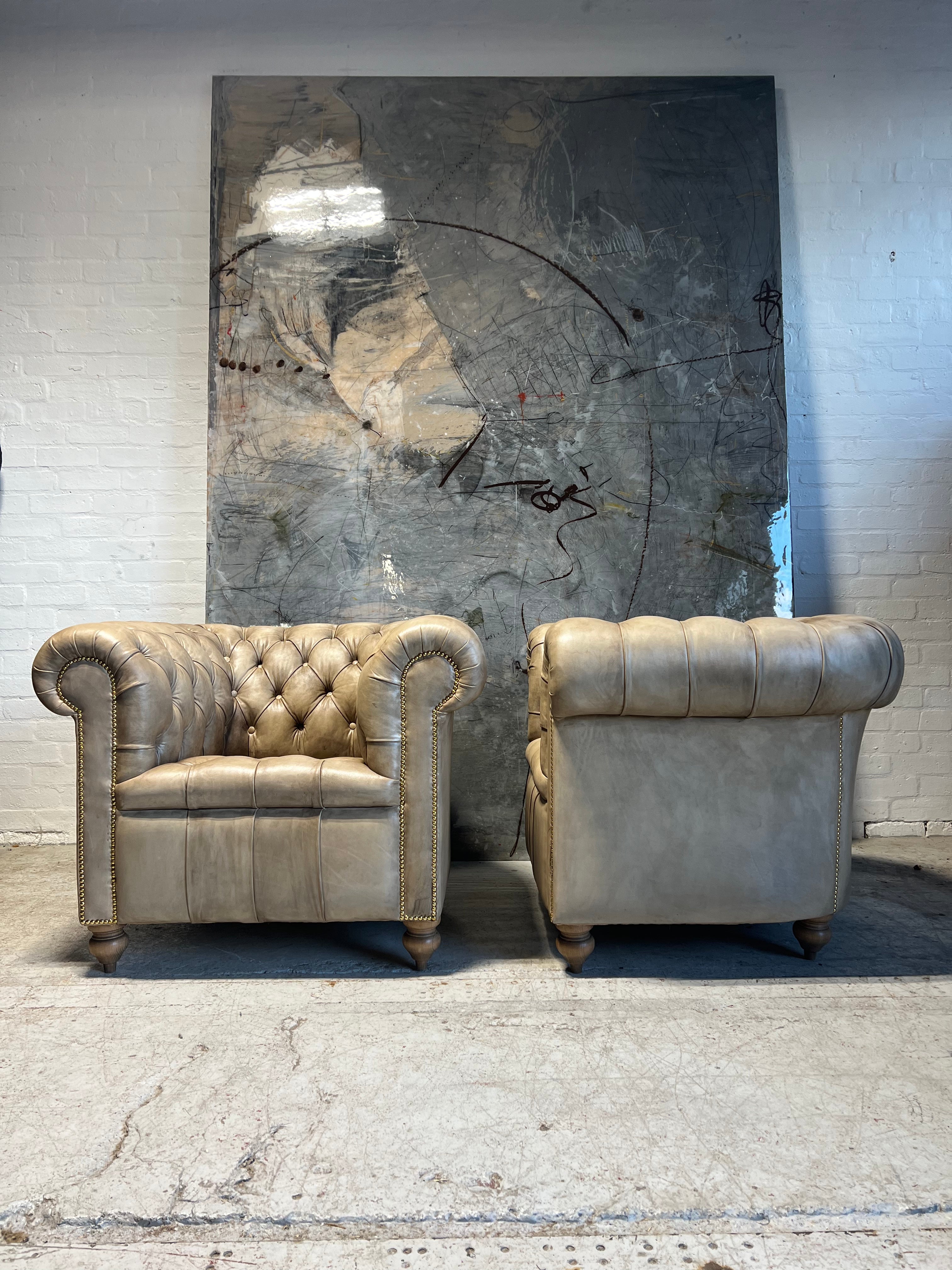 Fully Restored Matching Pair of Chesterfield Club Chairs Finished in our Hand Dyed Leathers