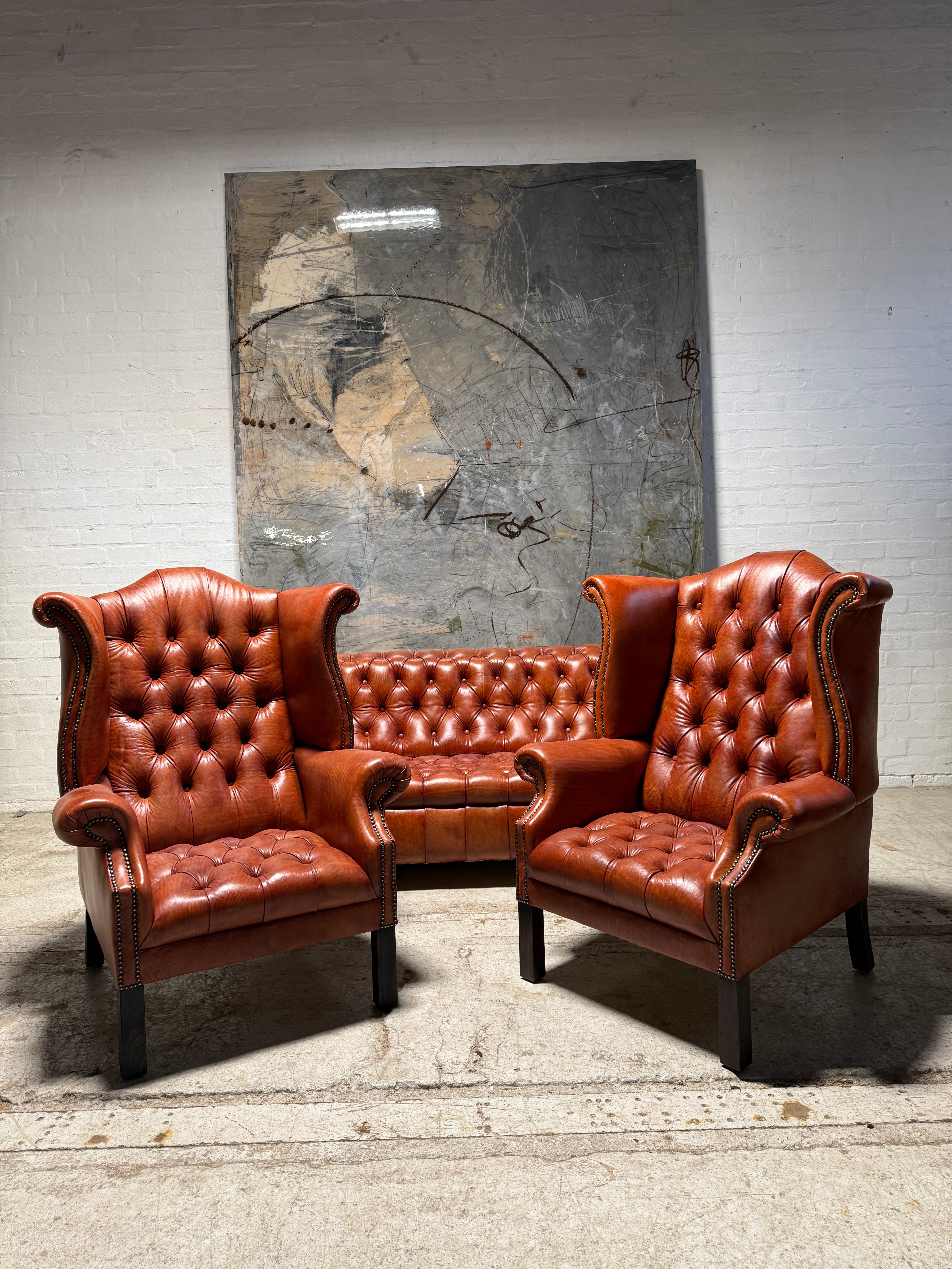 Fully Restored Late 20thC Chesterfield 3 Piece Suite in Hand Dyed Cognac