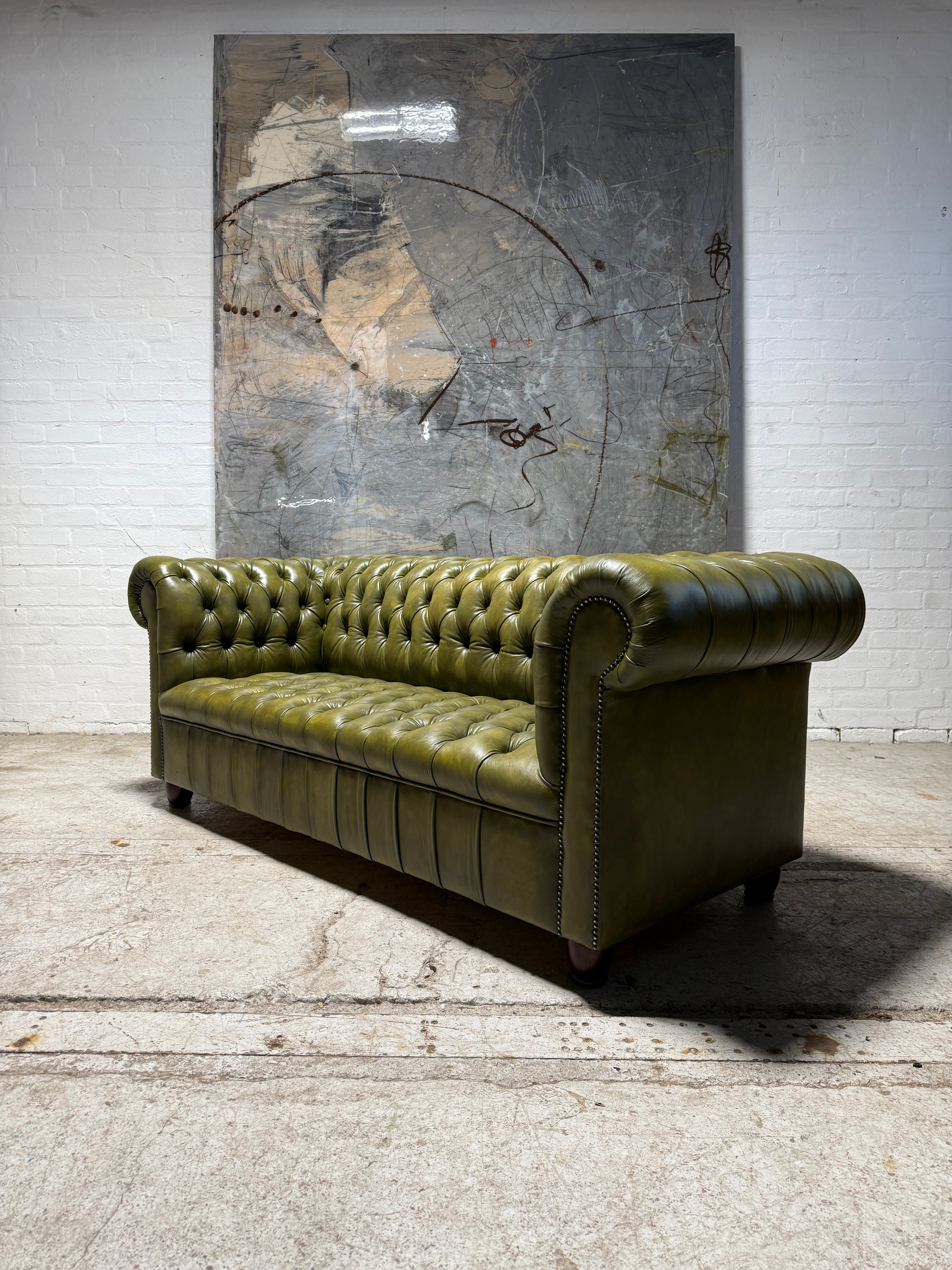 Fully Restored Late 20thc Leather Chesterfield 3 Piece Suite In Hand Dyed Olive Green