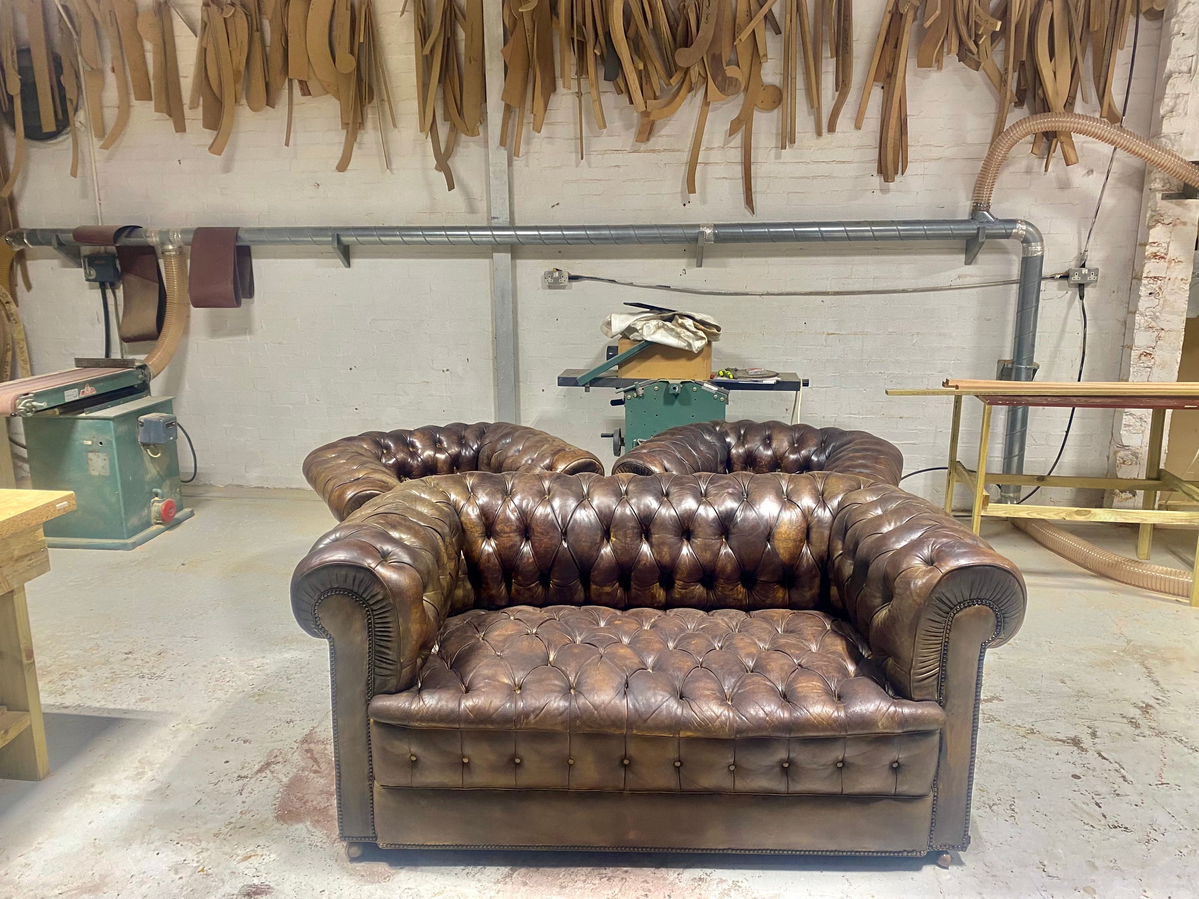 Vintage Mid Century Hand Dyed Leather Chesterfield 2 Seater Sofa