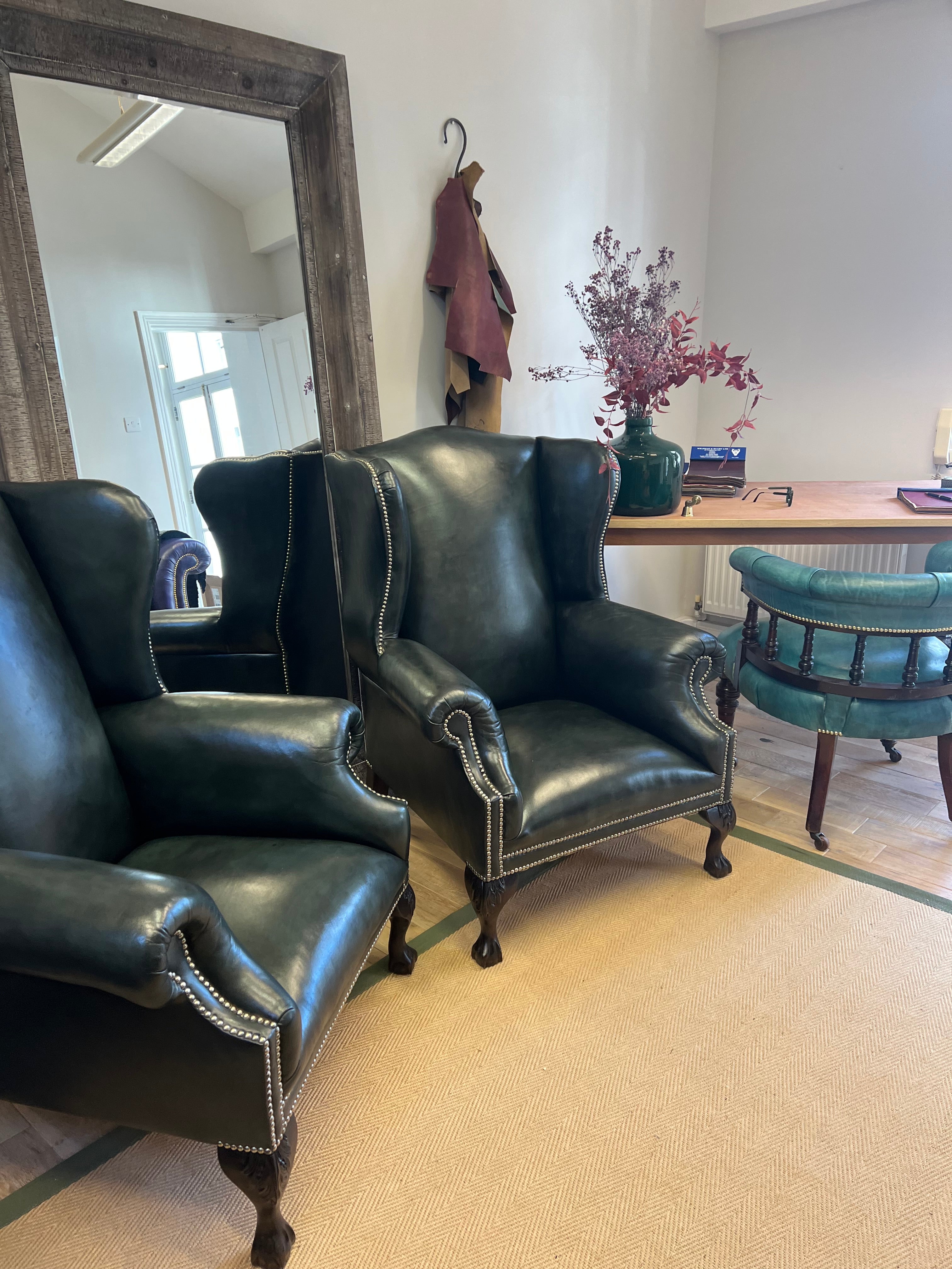 Matching Pair of our Disraeli Gentleman’s Wing Back Chairs on Hand Dyed Leathers