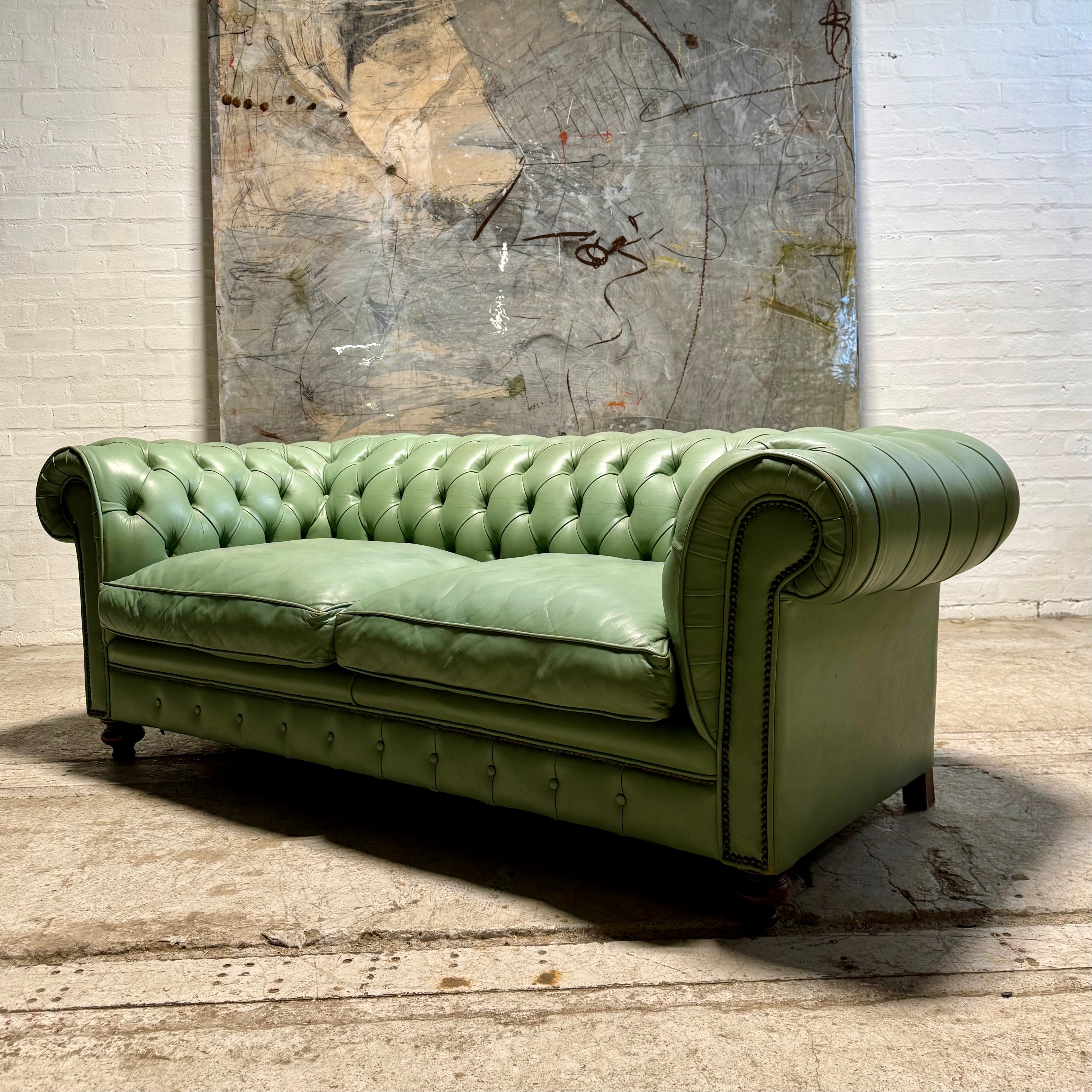 Restored 19thC Antique Leather Chesterfield Sofa in Pistachio Green