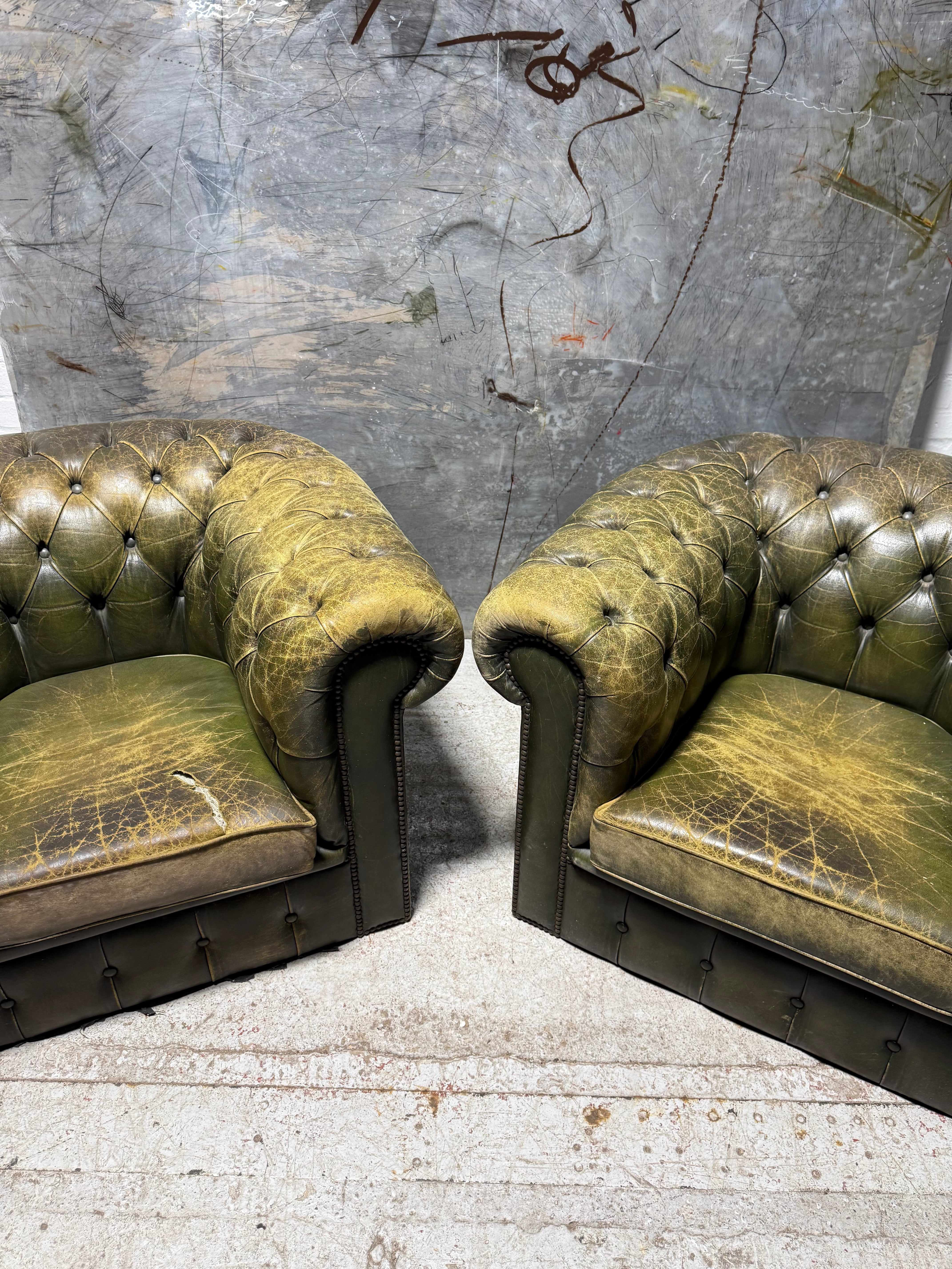 Beautiful Olive Green Vintage Leather Chesterfield Club Chairs