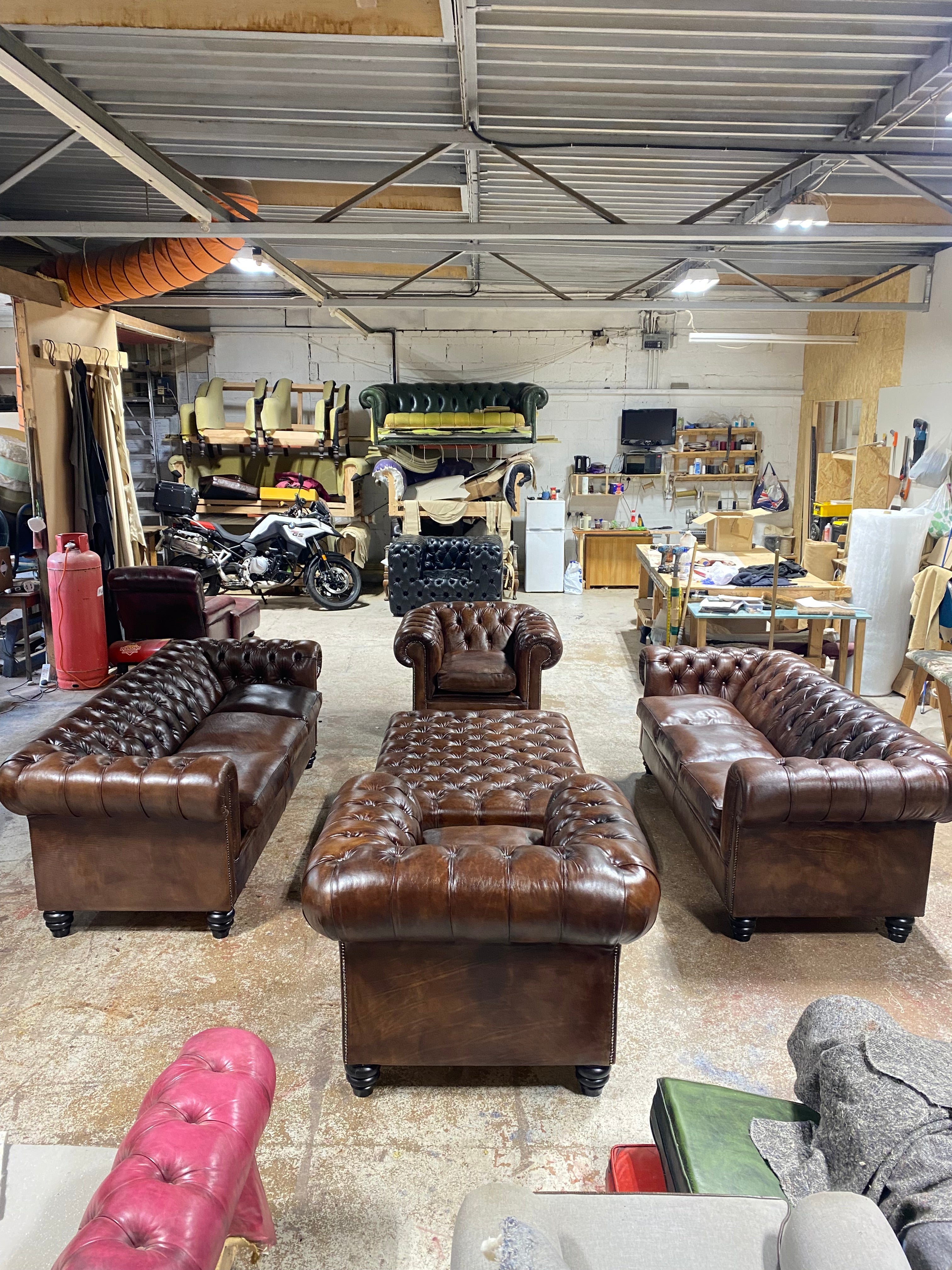 The Gentleman’s Dark Walnut Brown Hand Dyed Leather Chesterfield Sofas and Chairs