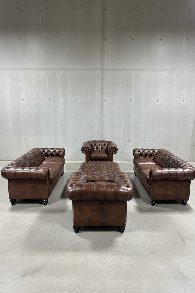 The Gentleman’s Dark Walnut Brown Hand Dyed Leather Chesterfield Sofas and Chairs