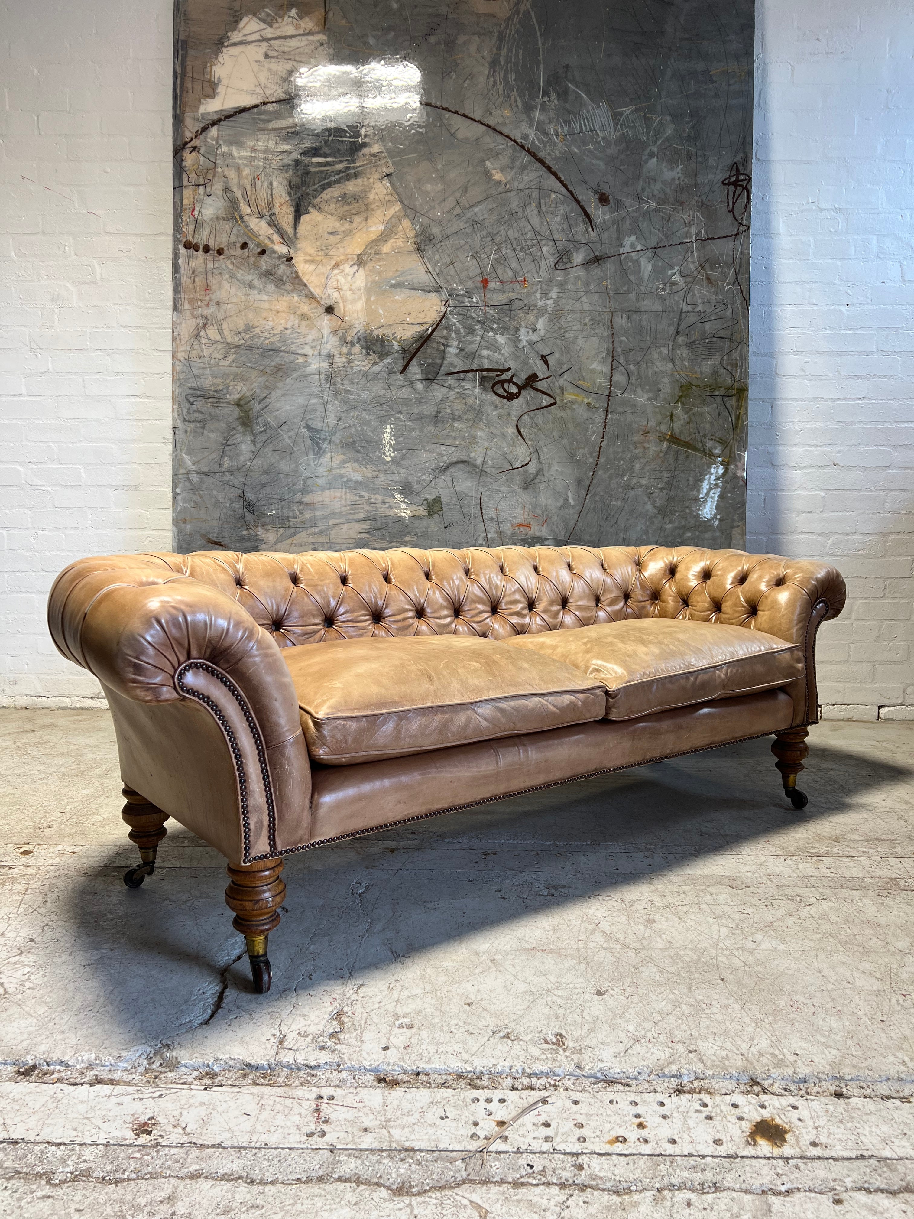 Very Beautiful 19thC Leather Chesterfield Sofa in Hand Dyed Parchment