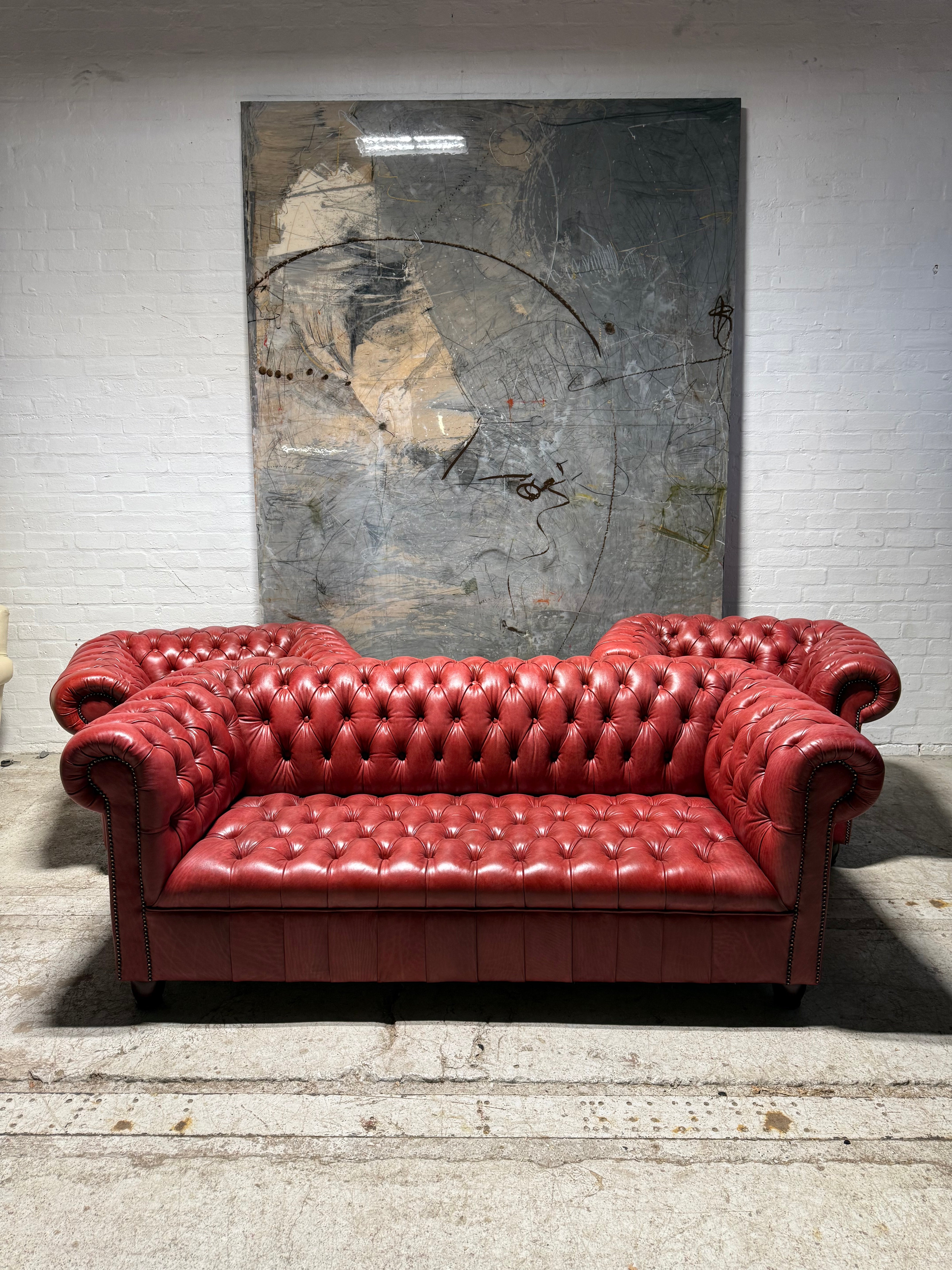 Fully Restored Late 20thc Leather Chesterfield 3 Piece Suite In Hand Dyed Pillar Box Red