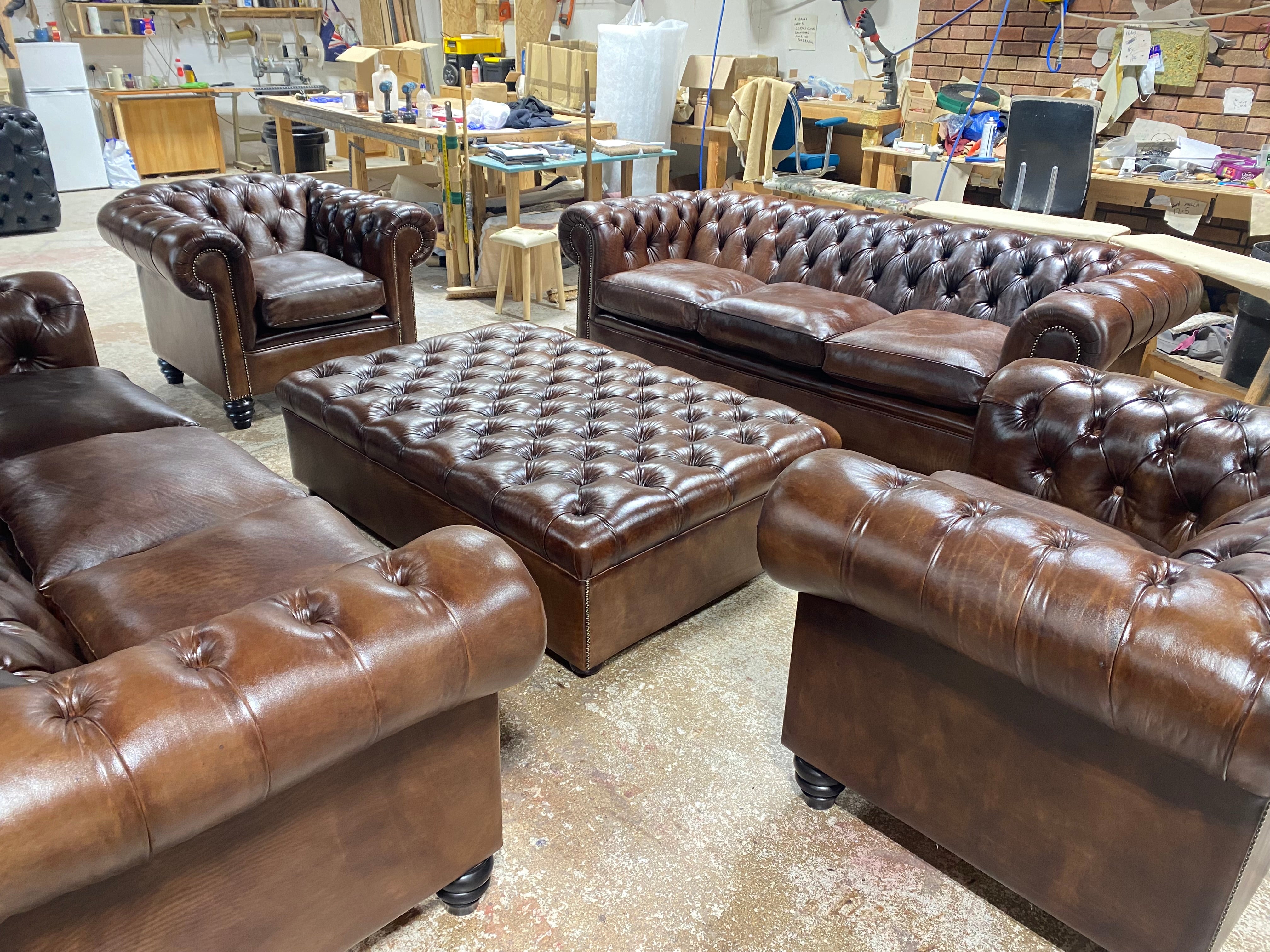 The Gentleman’s Dark Walnut Brown Hand Dyed Leather Chesterfield Sofas and Chairs