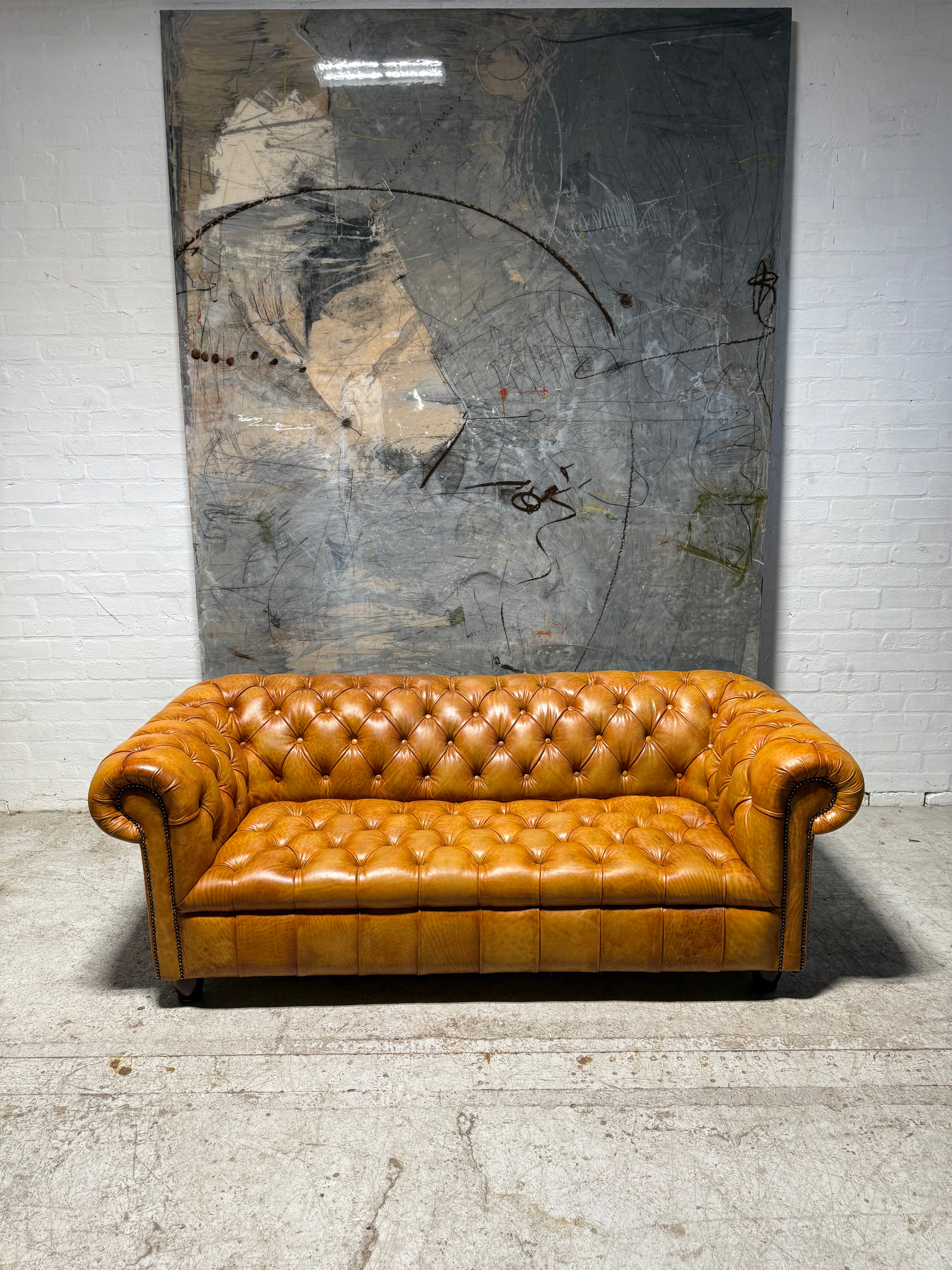 Fully Restored Late 20thc Chesterfield 3 Piece Suite In Hand Dyed Honey Tan Leather