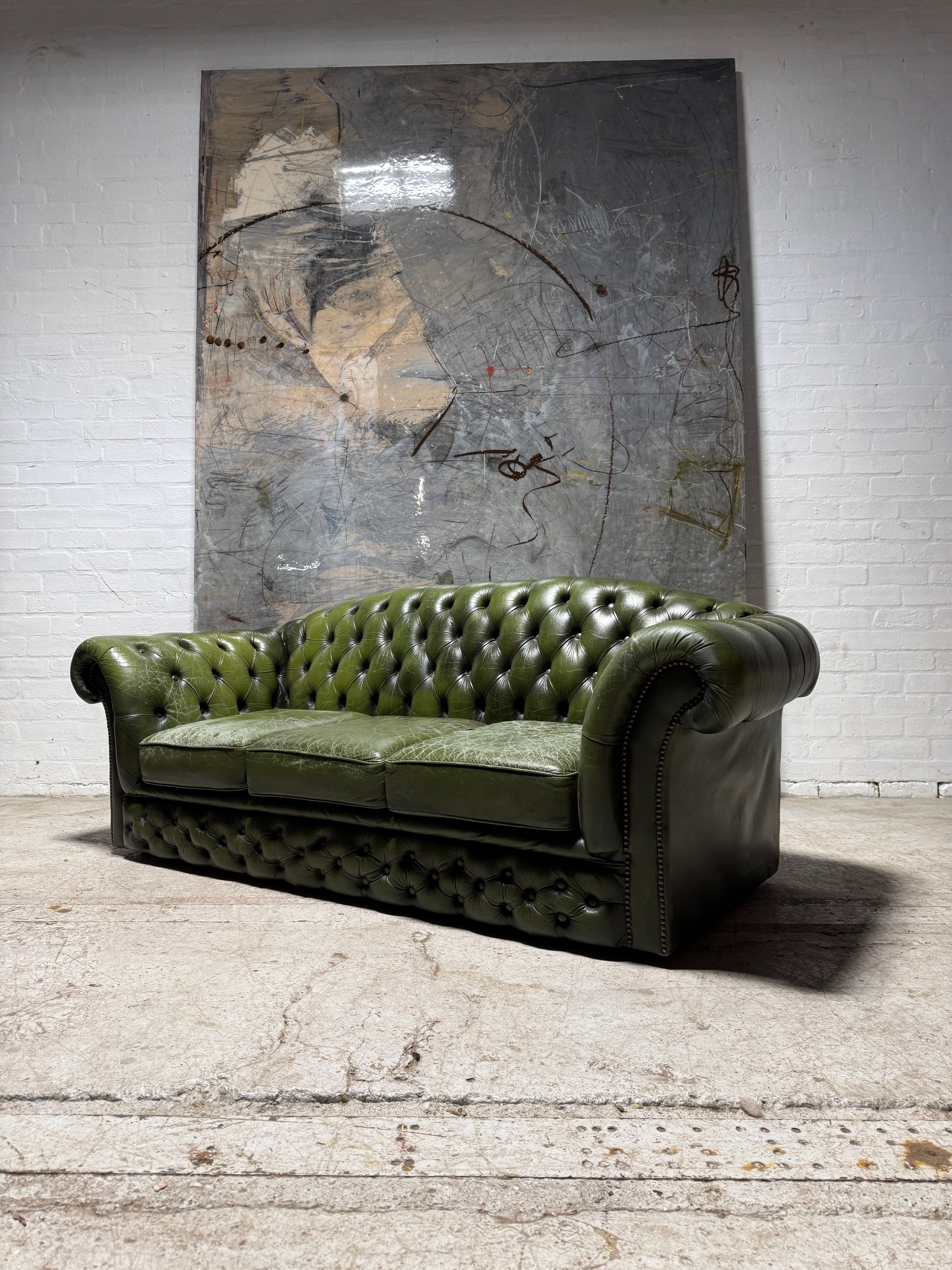 1 of Matching Pair of Lovely Second Hand Green Leather Chesterfield Sofa’s