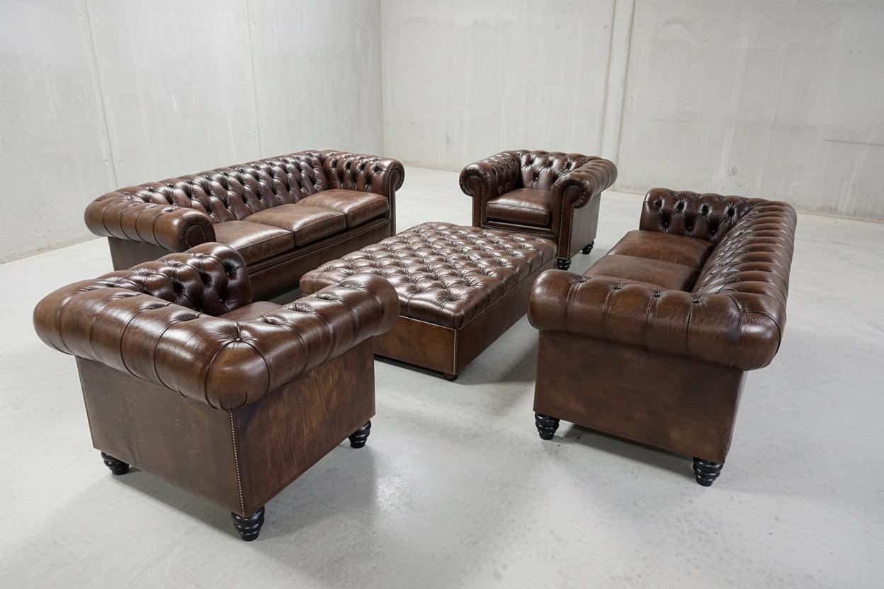 The Gentleman’s Dark Walnut Brown Hand Dyed Leather Chesterfield Sofas and Chairs