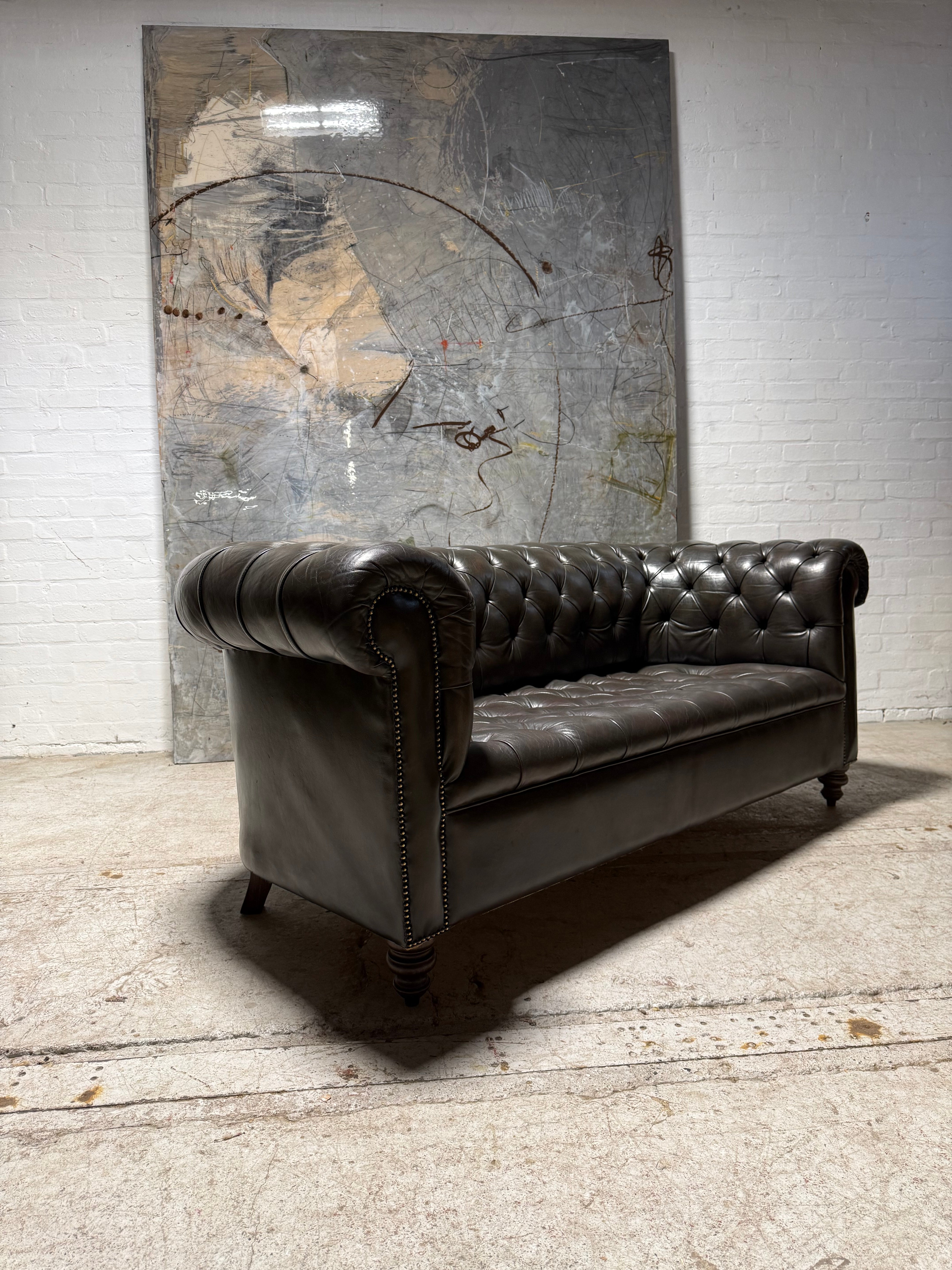 Very Good MidC 3 Seater Leather Chesterfield Tufted Couch in hand Dyed Bitter Chocolate