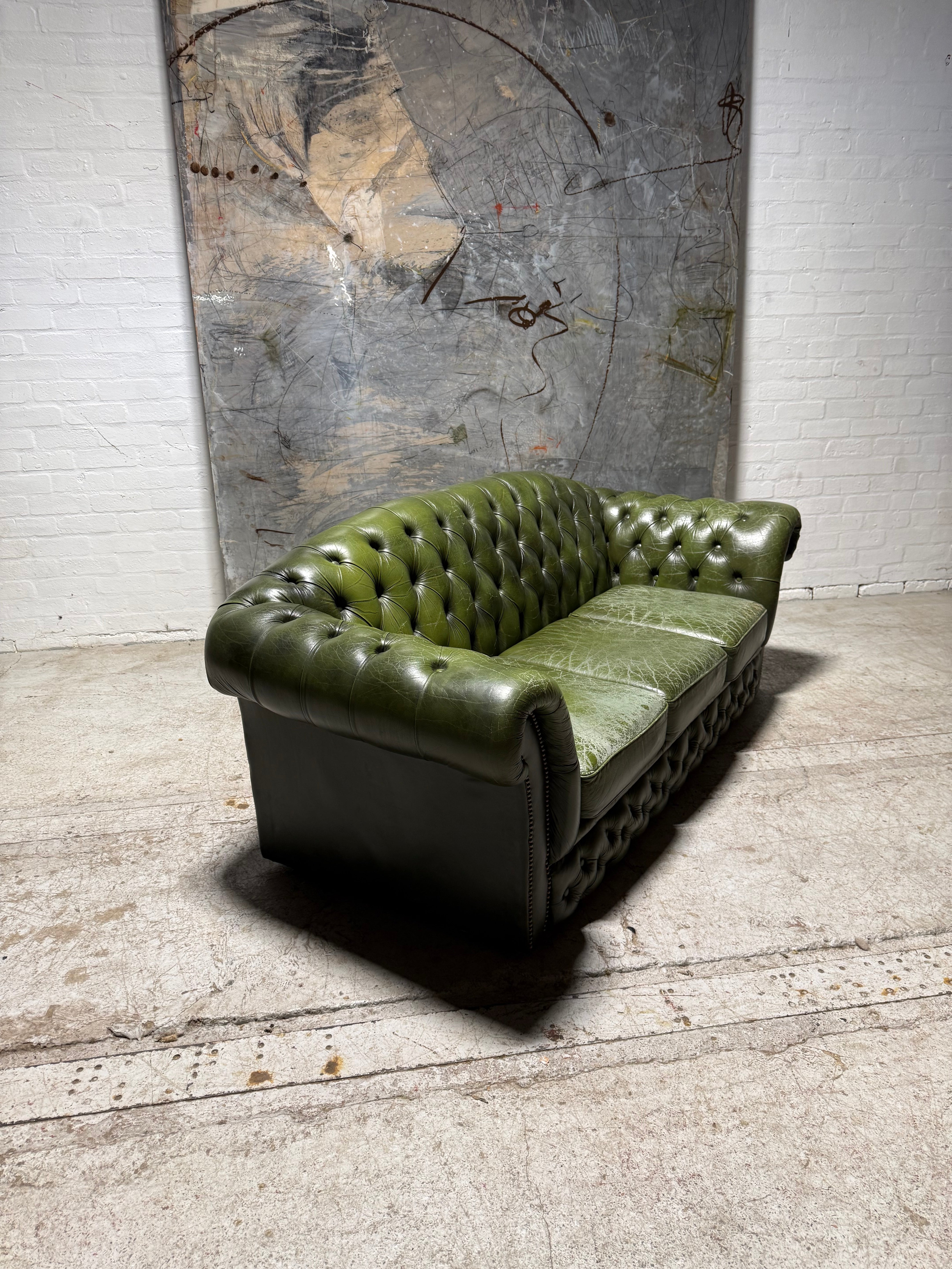 1 of Matching Pair of Lovely Second Hand Green Leather Chesterfield Sofa’s