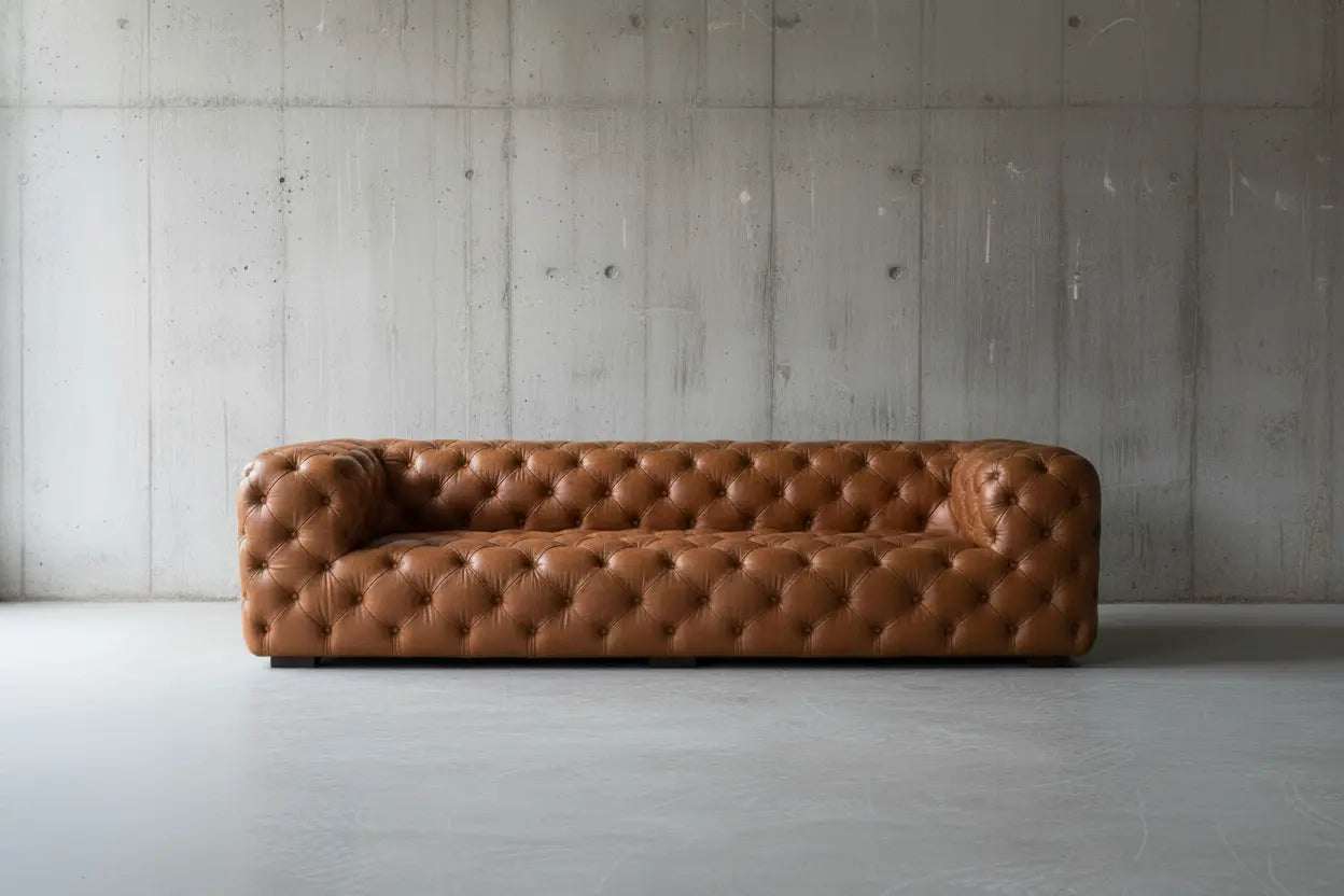 A traditional fully buttoned chesterfield sofa upholstered in saddle tan leather, with deep button detailing on the seat, back, and arms.