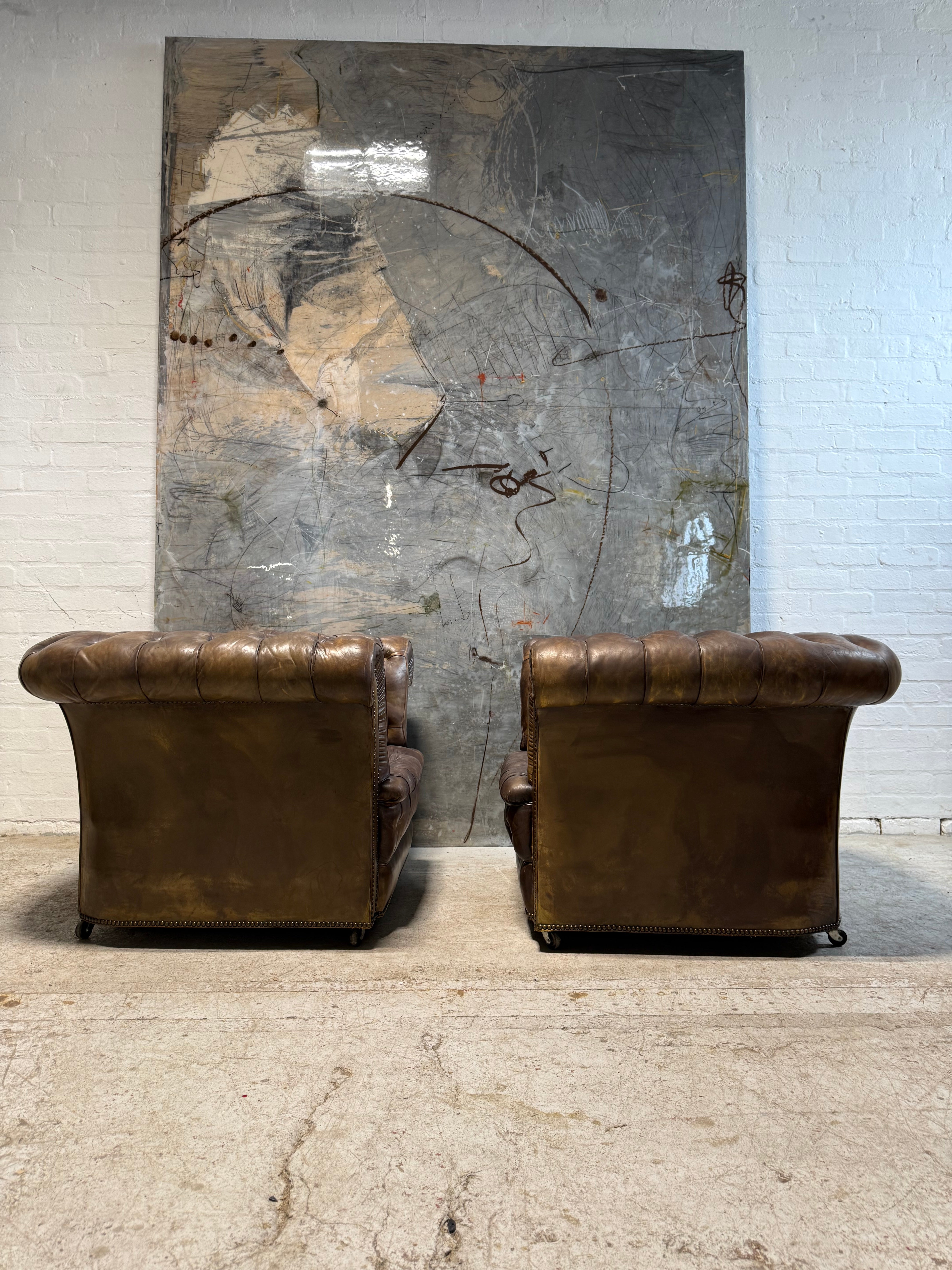 Stunning Matching Pair of Hand Dyed Vintage Leather Chesterfield Club Chairs