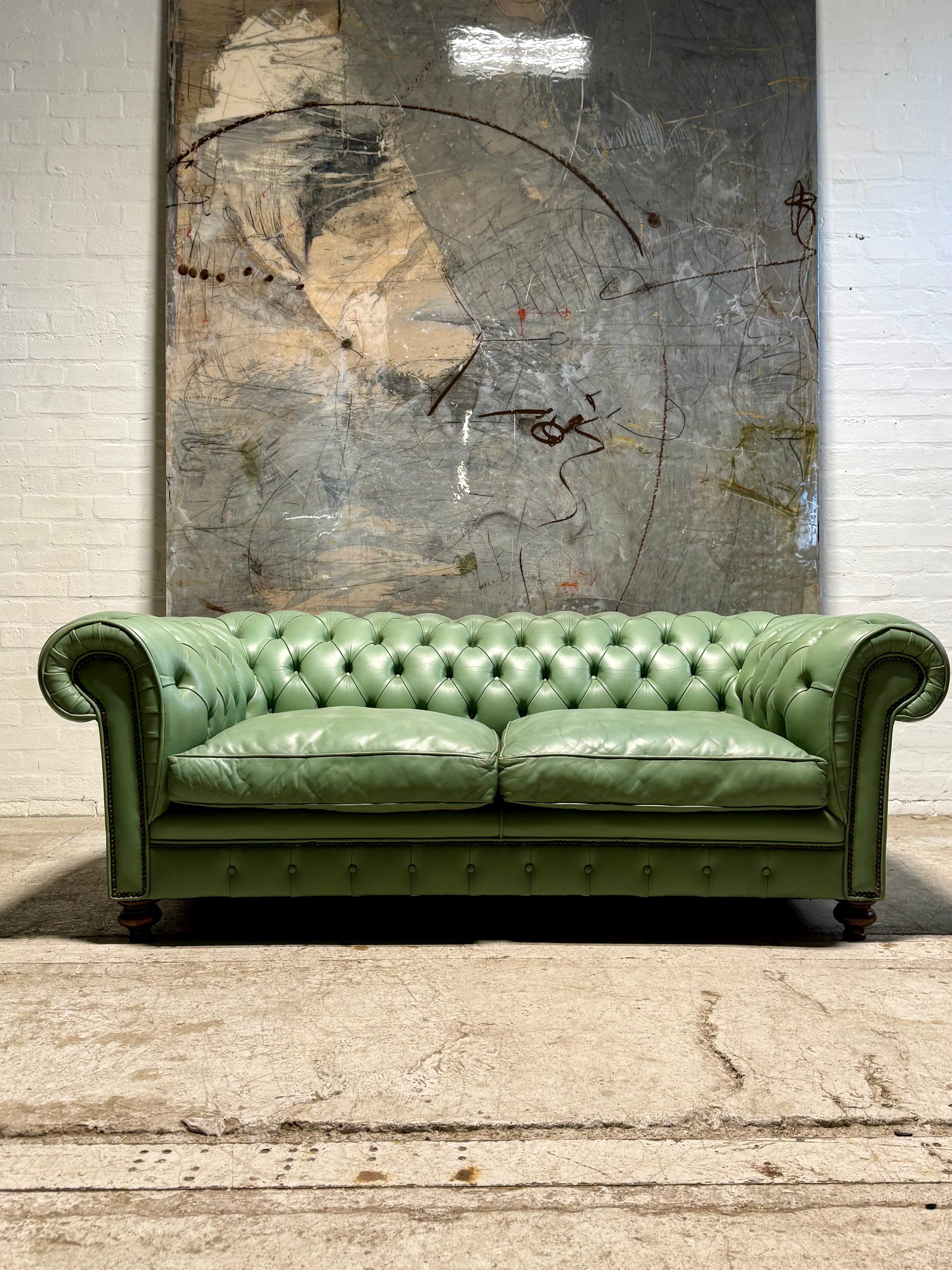 Restored 19thC Antique Leather Chesterfield Sofa in Pistachio Green