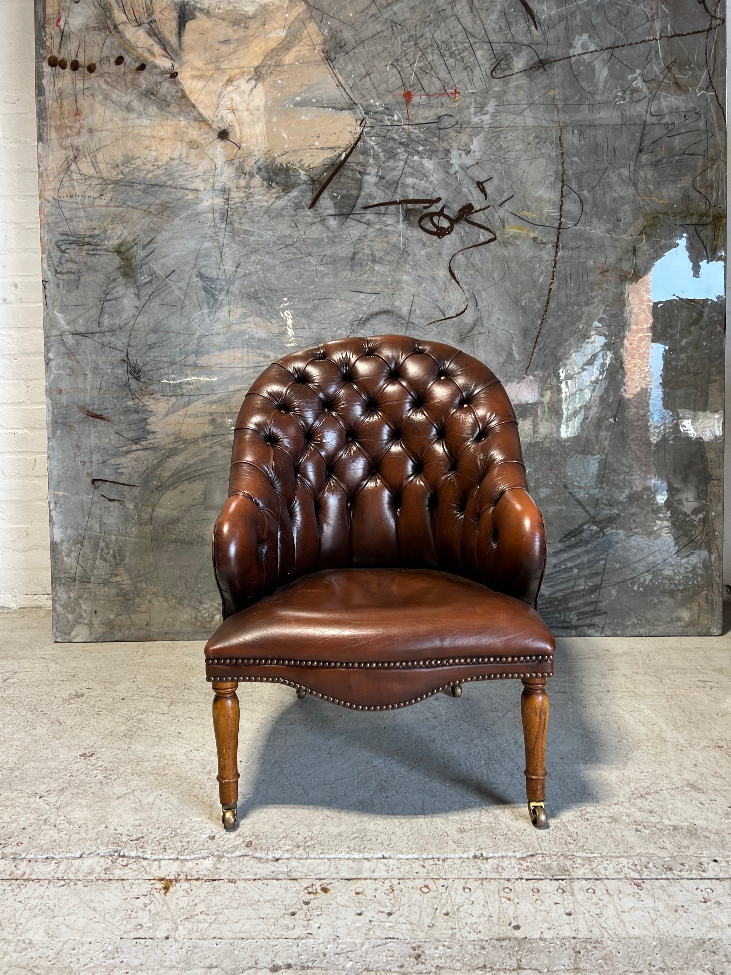 2 of 6 - A Stunning Pair of Rich Brown Leather Chesterfield a Library Chairs