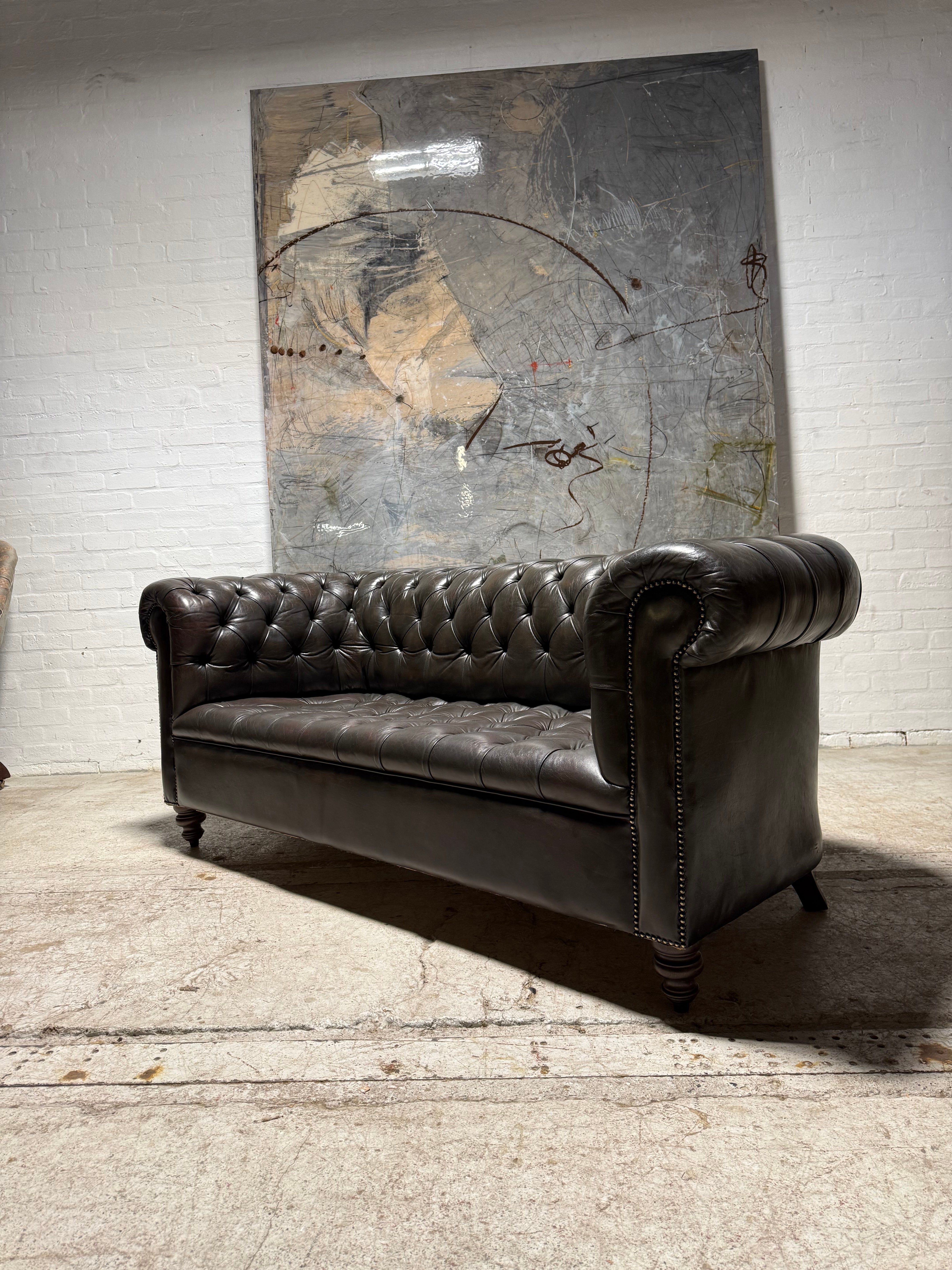 Very Good MidC 3 Seater Leather Chesterfield Tufted Couch in hand Dyed Bitter Chocolate