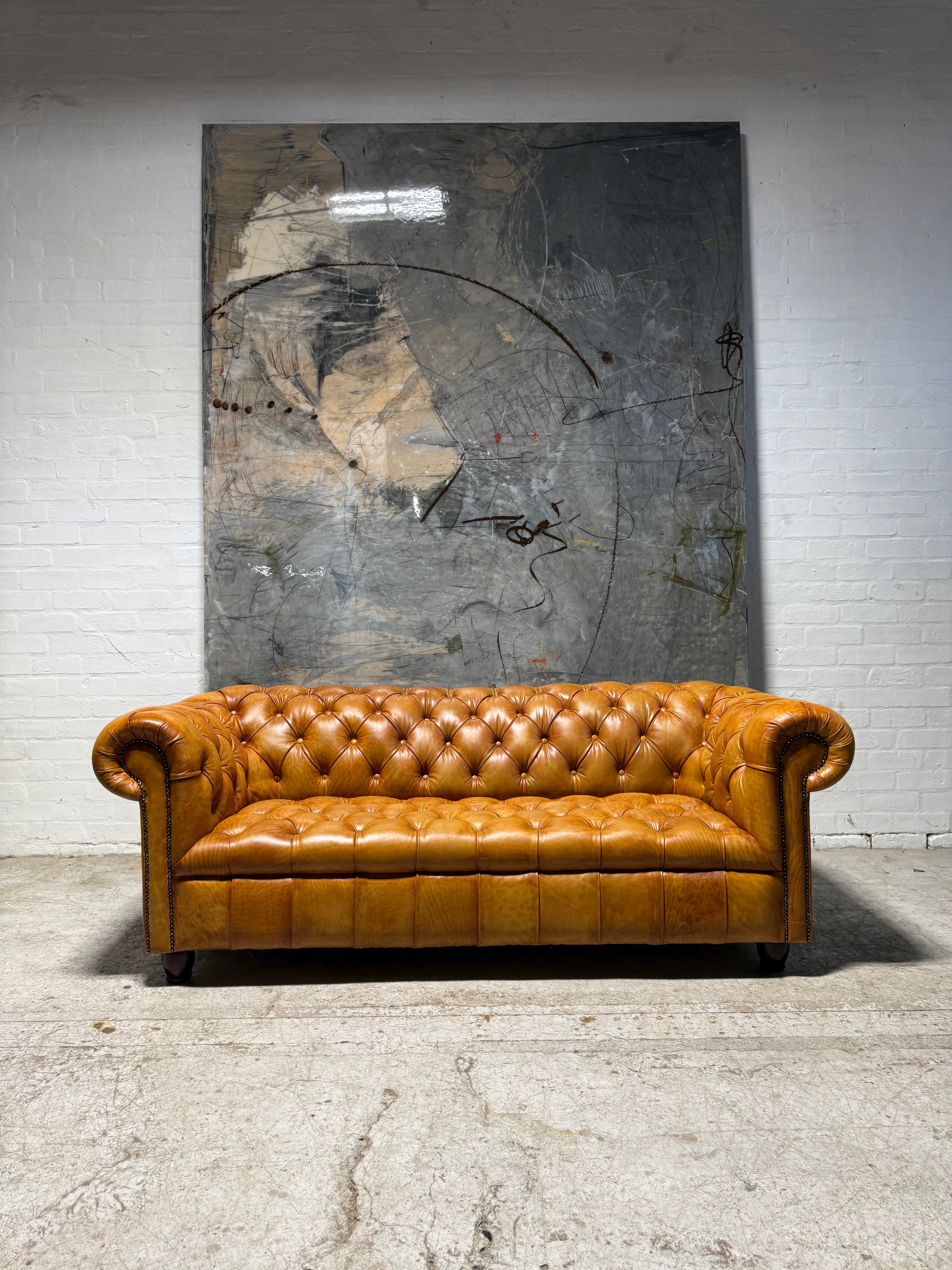Fully Restored Late 20thc Chesterfield 3 Piece Suite In Hand Dyed Honey Tan Leather