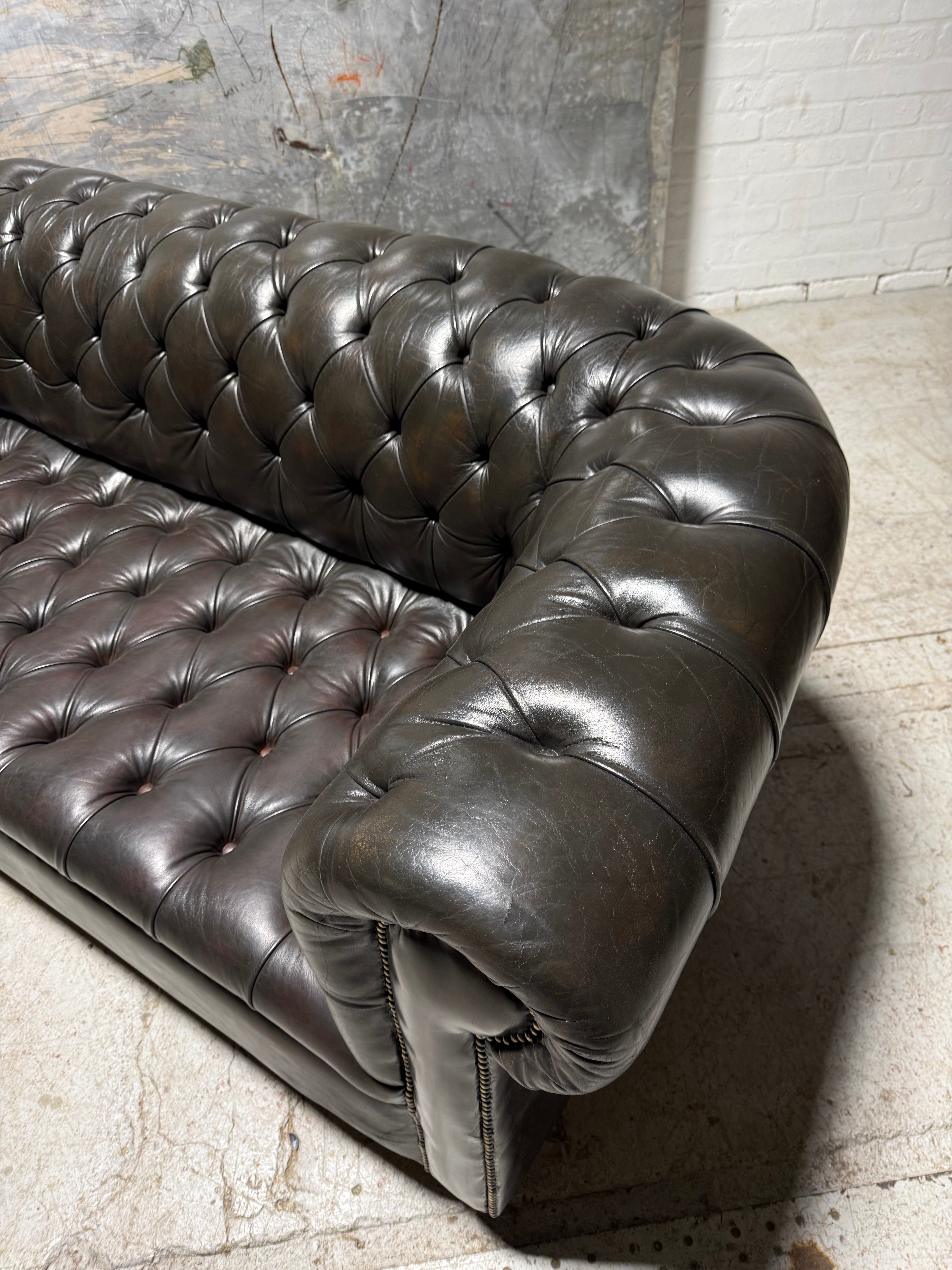 Very Good MidC 3 Seater Leather Chesterfield Tufted Couch in hand Dyed Bitter Chocolate