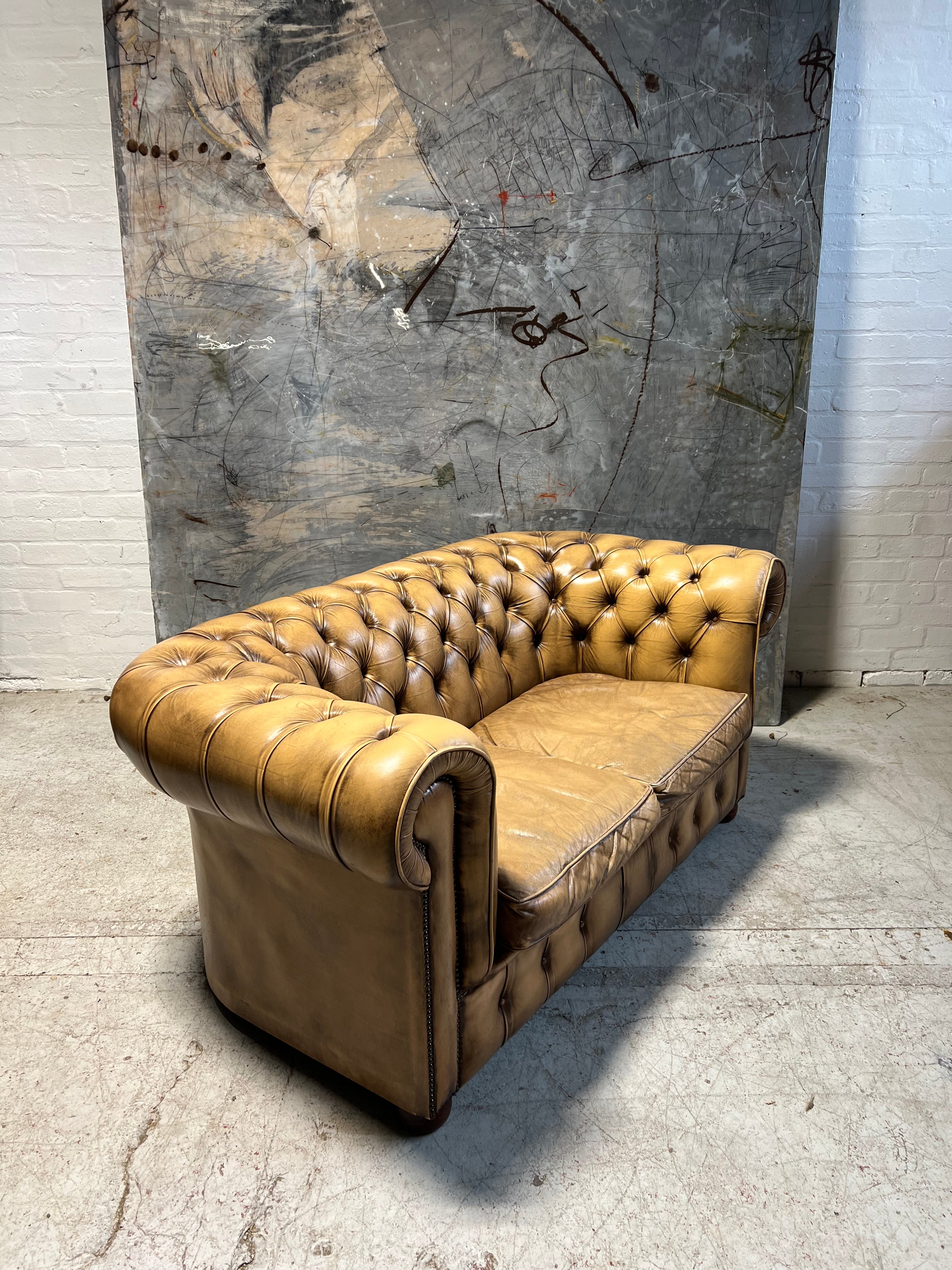 A Great Matching Pair of Light Tan Leather Chesterfield Sofas