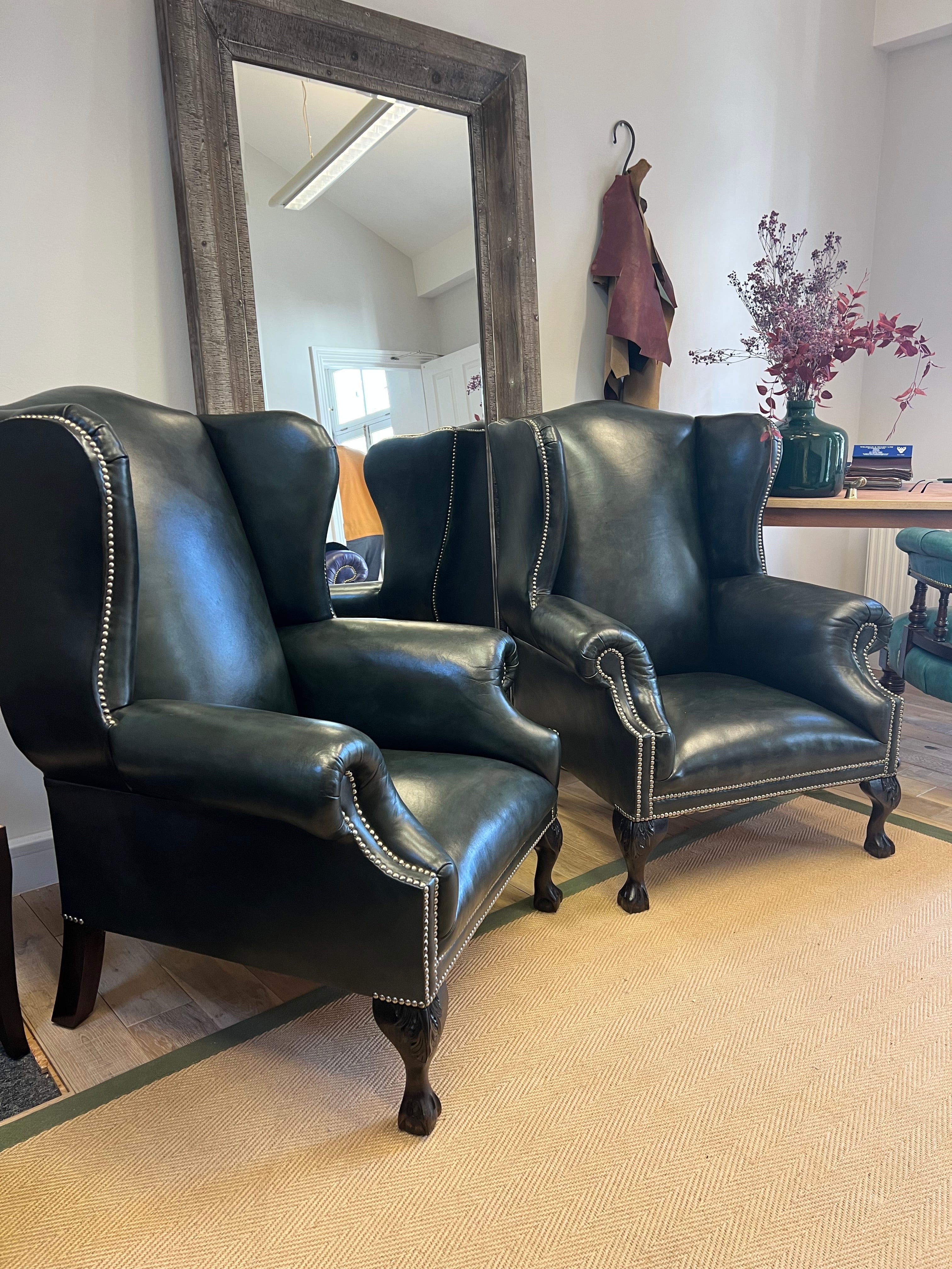 Matching Pair of our Disraeli Gentleman’s Wing Back Chairs on Hand Dyed Leathers