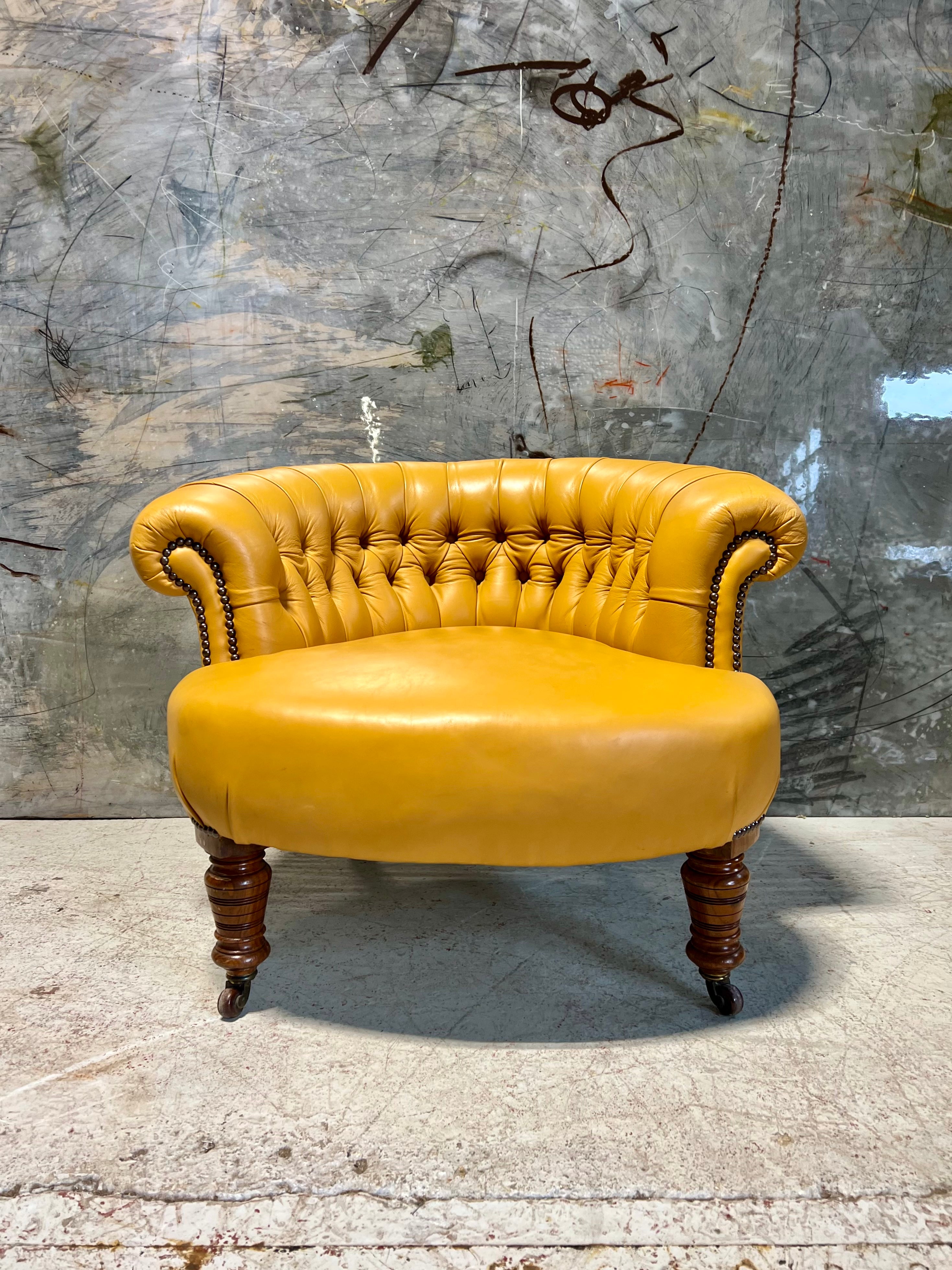 A Very Neat Antique 19thC Tub Side Chair in Yellow Leathers