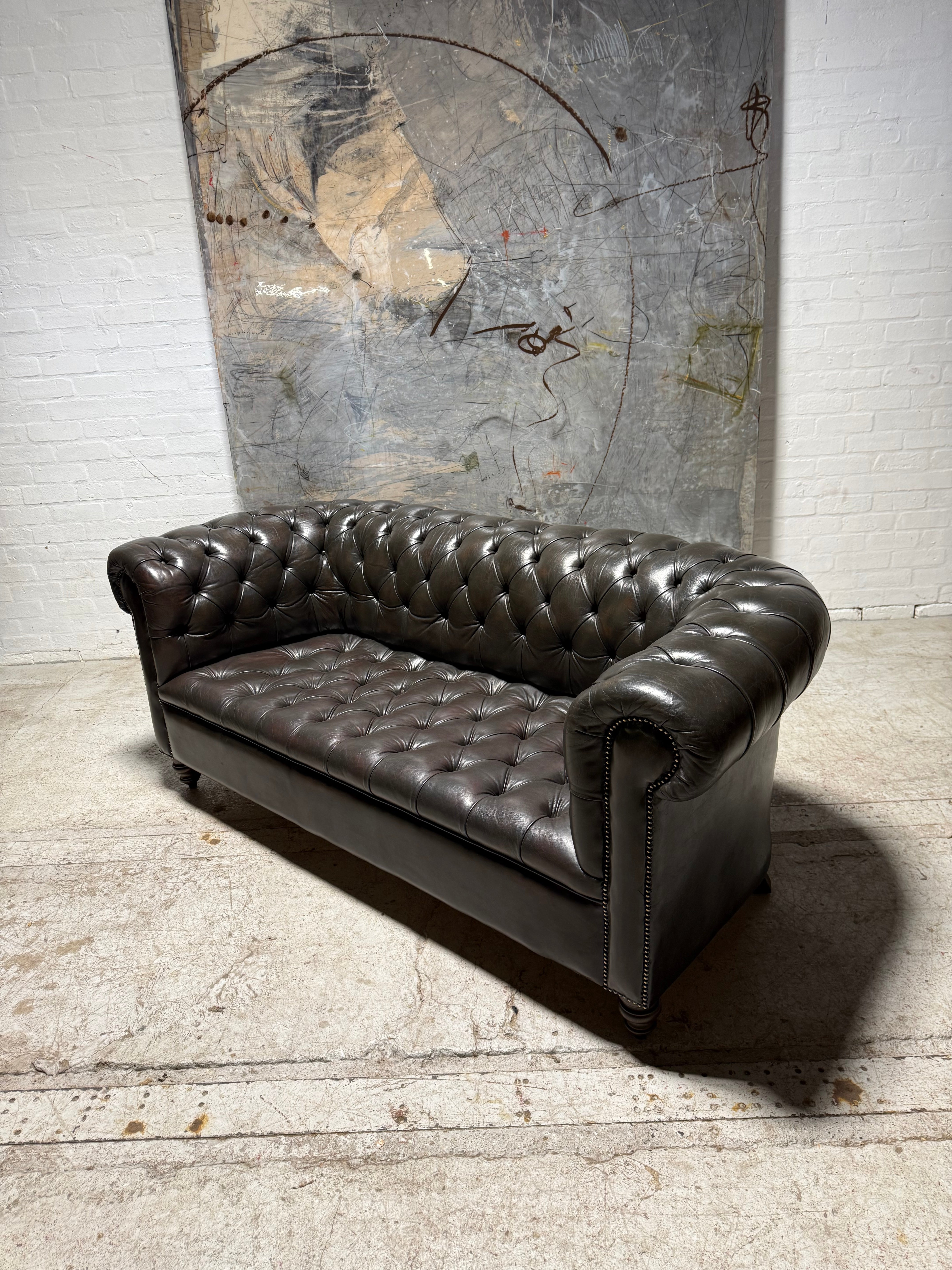 Very Good MidC 3 Seater Leather Chesterfield Tufted Couch in hand Dyed Bitter Chocolate