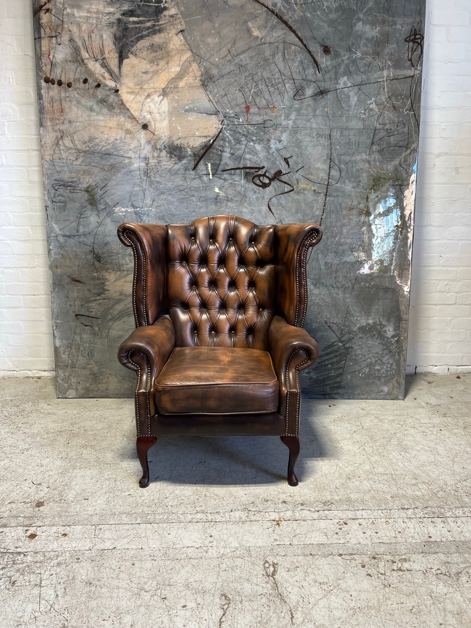 Leather Chesterfield Wing Chair in Rich Tan Browns