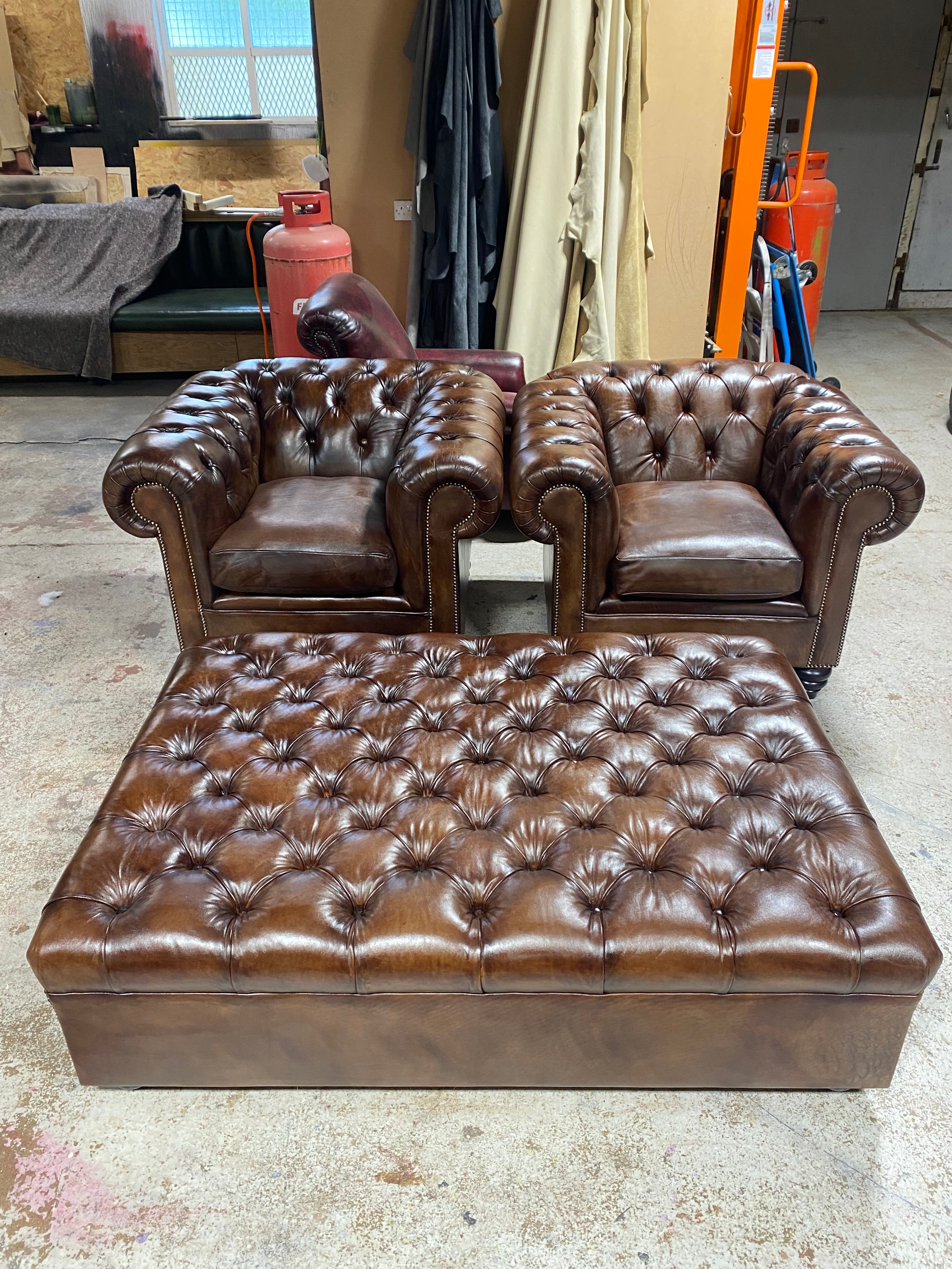 The Gentleman’s Dark Walnut Brown Hand Dyed Leather Chesterfield Sofas and Chairs
